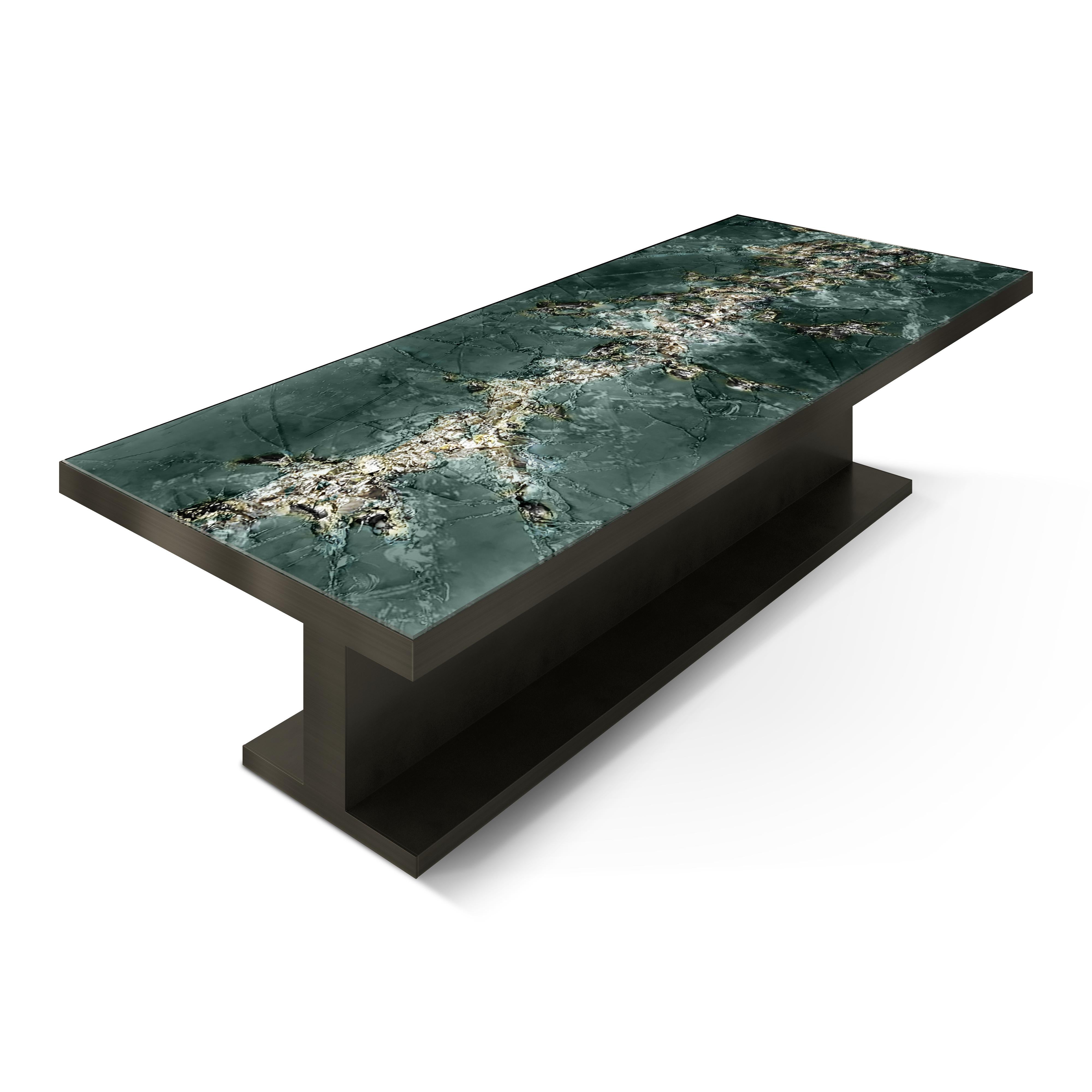 Lillian Gorbachincky's signature limited edition KORA dining table with art glass top and bronze base designed and fabricated by Lillian Gorbachicnky Atelier.

Overall dimensions: 96