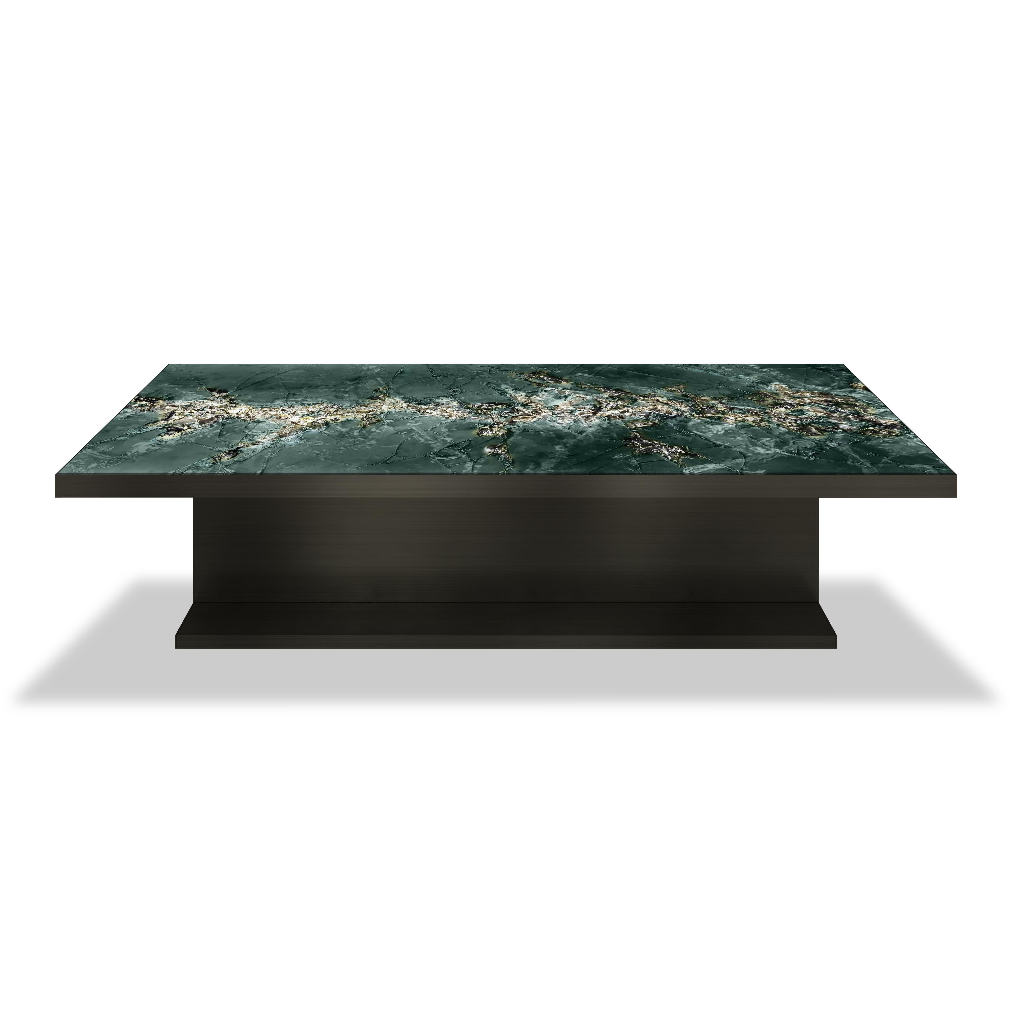 American Lillian Gorbachincky Atelier KORA Dining Table With Green Crystalized Glass Top For Sale