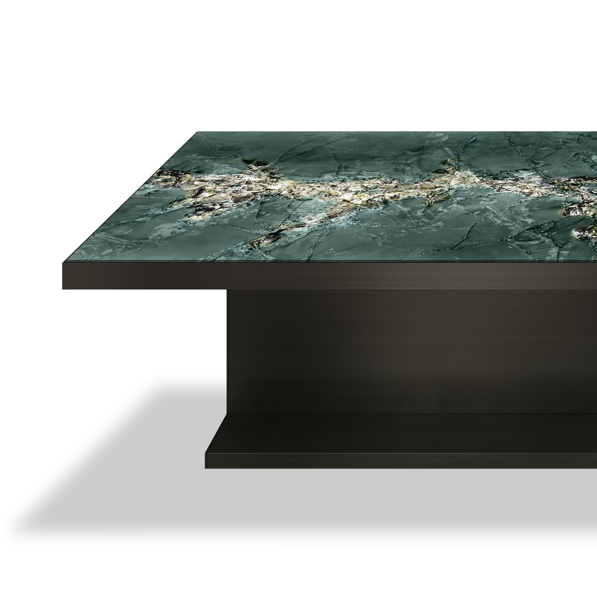 Contemporary Lillian Gorbachincky Atelier KORA Dining Table With Green Crystalized Glass Top For Sale