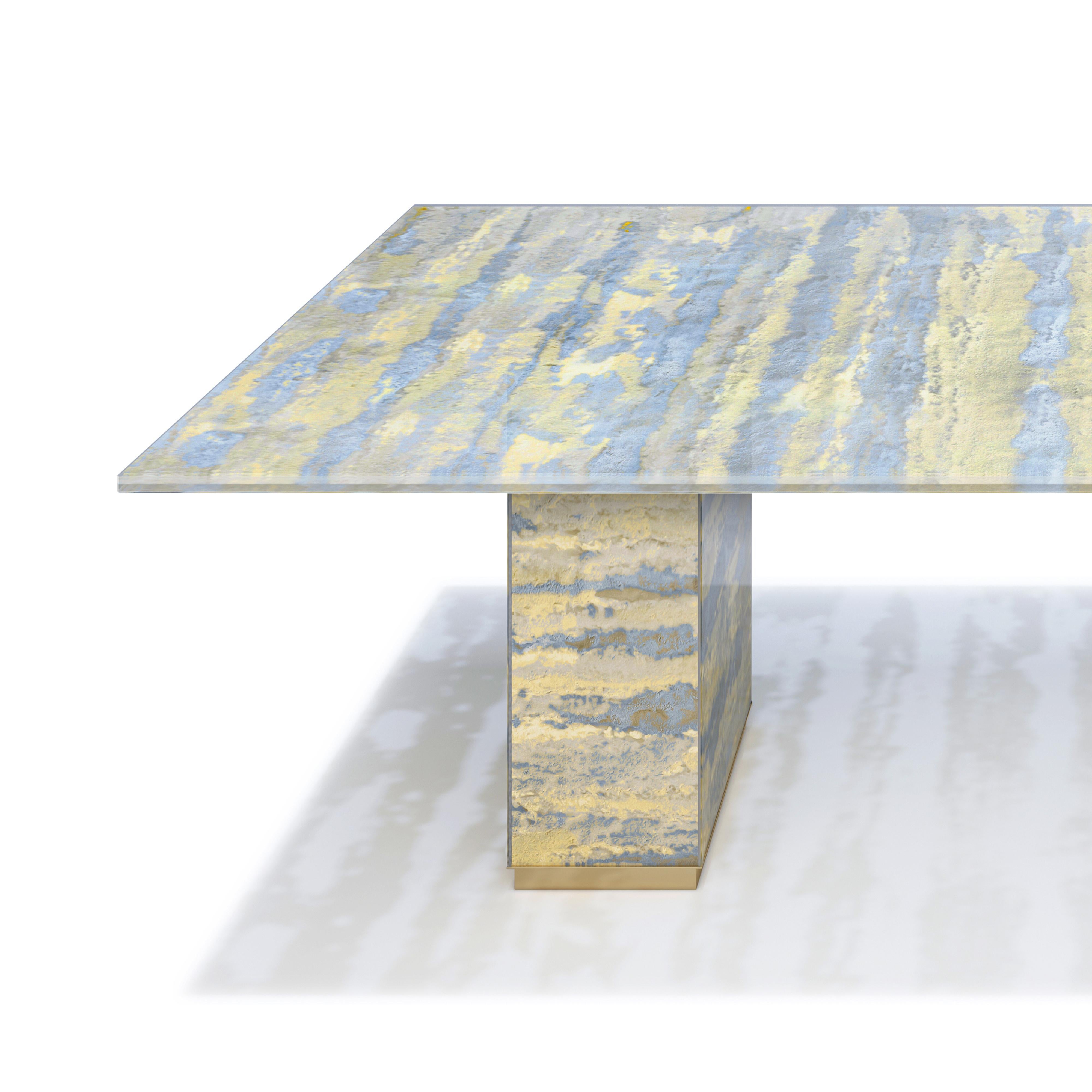 Lillian Gorbachincky's limited edition Rodeo dining table featuring fabric laminated glass and bronze designed and fabricated by Lillian Gorbachincky Atelier.

Overall dimensions: 96