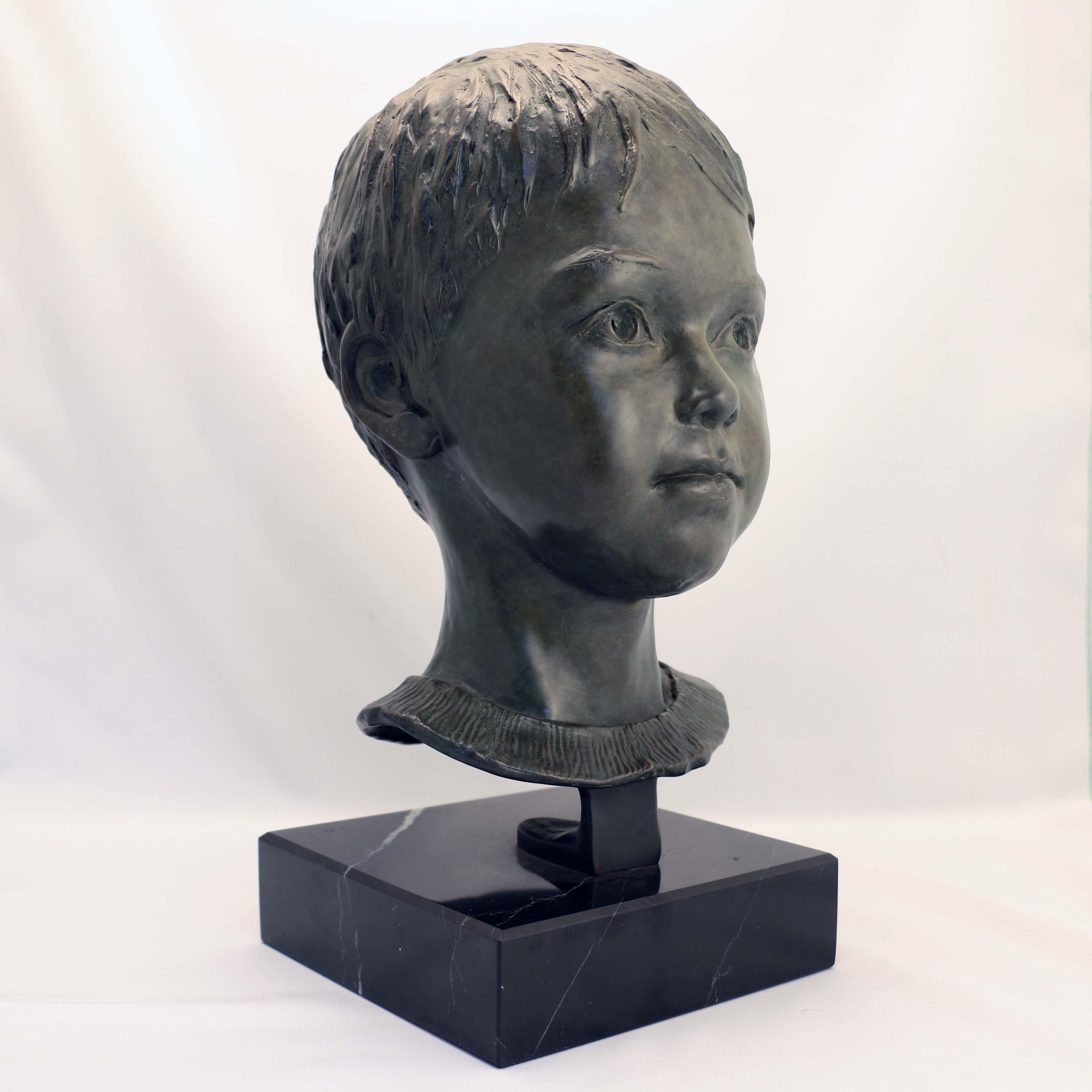 Cast Lillian Katznelson Head of a Young Boy Bronze on Marble Base