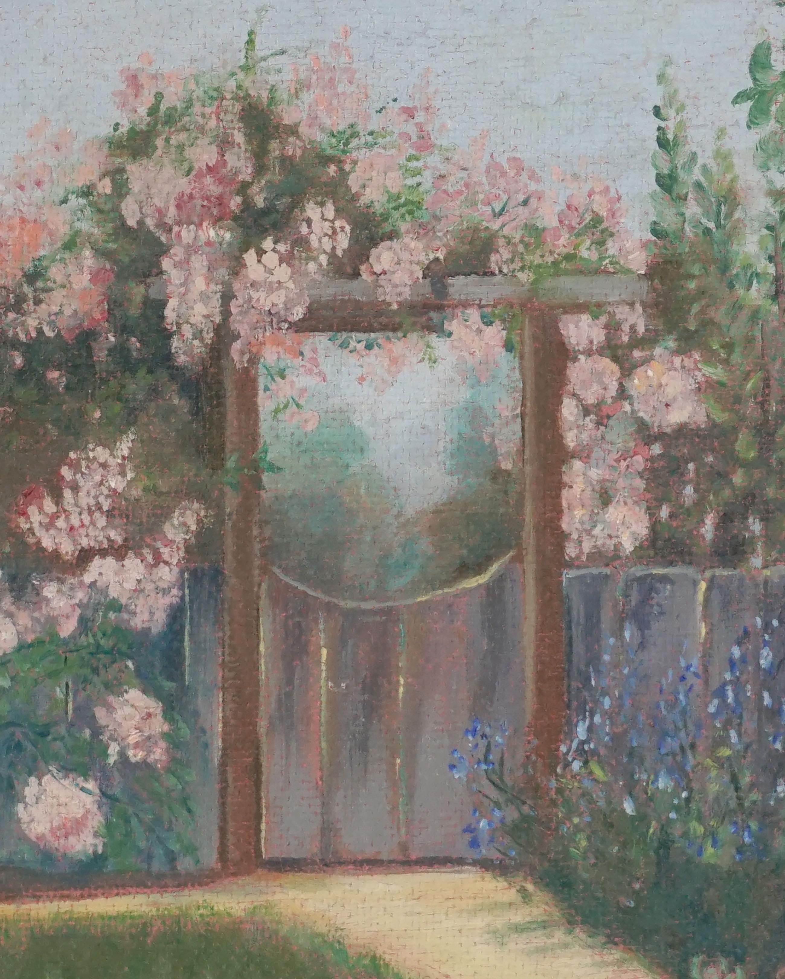 Paysage de jardin californien du milieu du siècle - The Friendly Gate - Painting de Lillian Mae Huebner