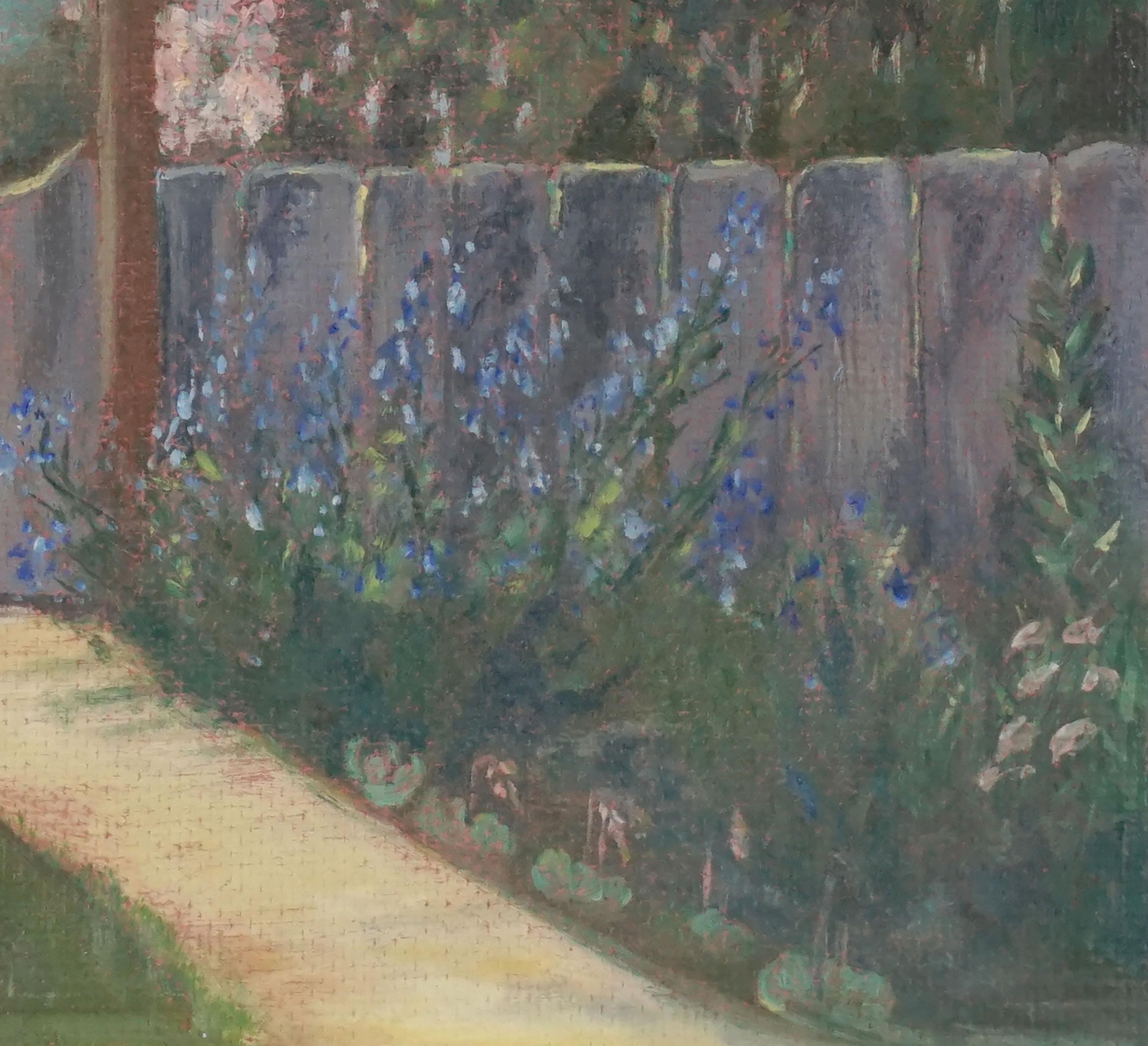 Paysage de jardin californien du milieu du siècle - The Friendly Gate - Impressionnisme Painting par Lillian Mae Huebner