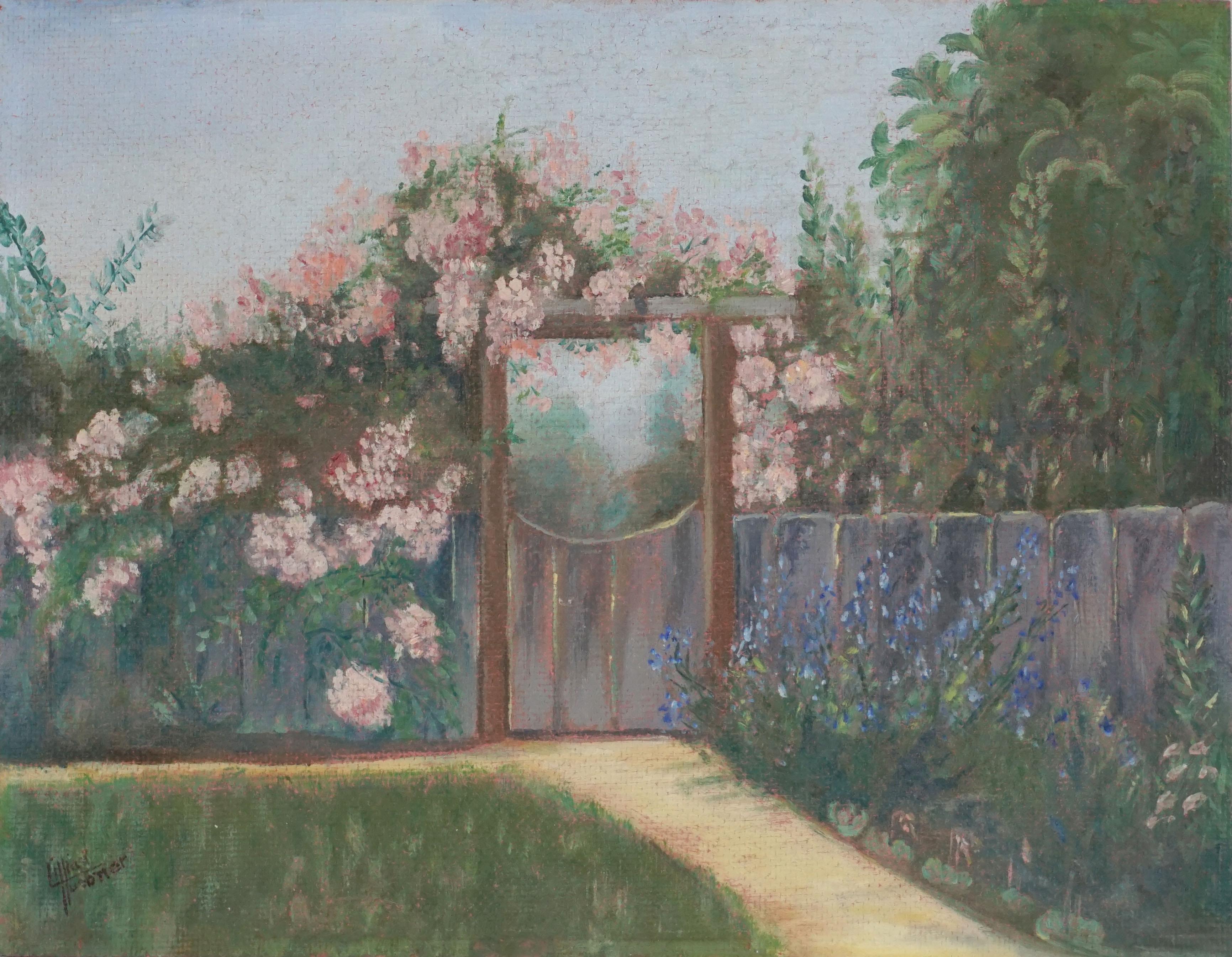 Landscape Painting Lillian Mae Huebner - Paysage de jardin californien du milieu du siècle - The Friendly Gate