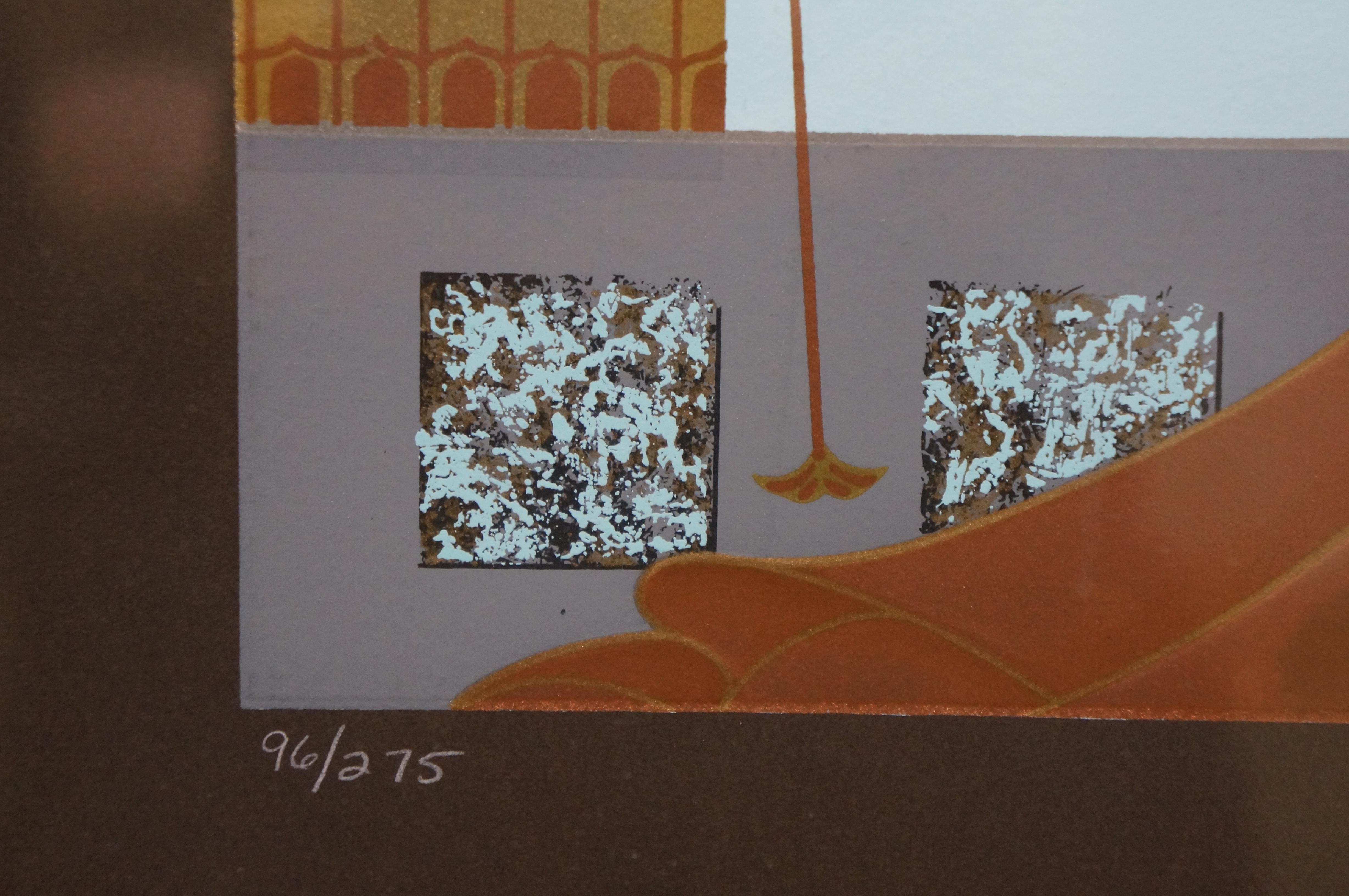 Lillian Shao Groß signiert Triumph Art Deco Stil Metallic Serigraphie Druck 1991 (Papier) im Angebot