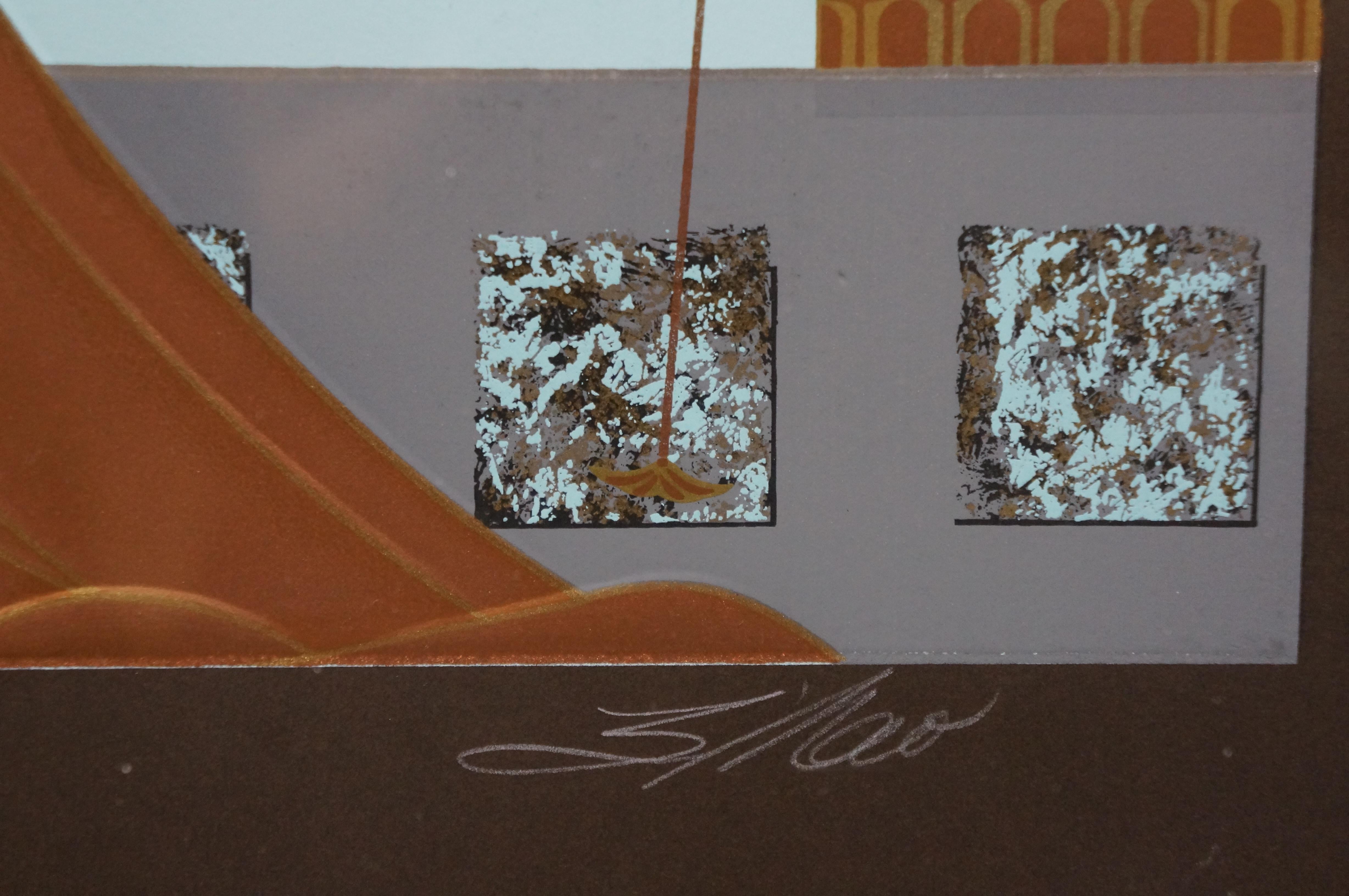 Lillian Shao Groß signiert Triumph Art Deco Stil Metallic Serigraphie Druck 1991 im Angebot 1