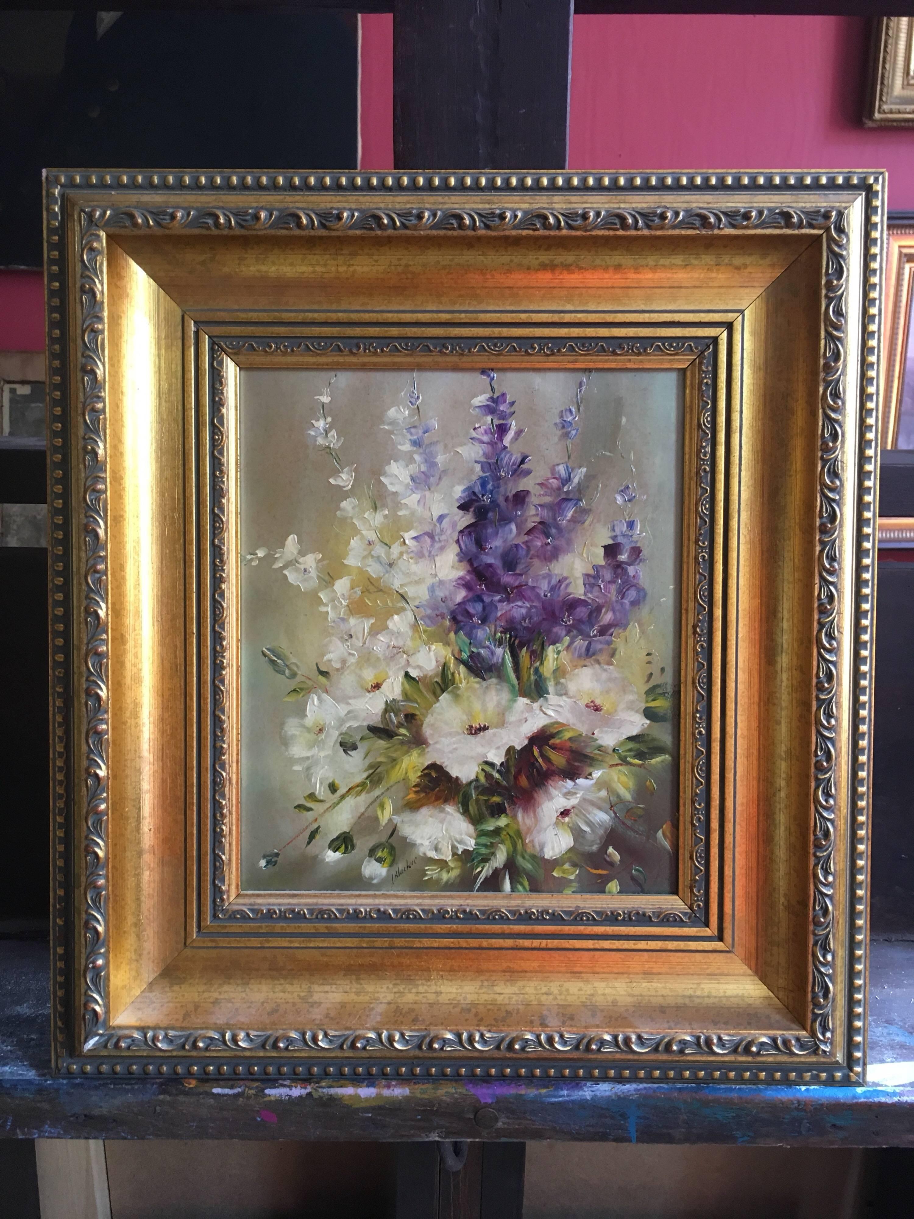 Foxglove Floral Arrangement
By Lillias Blackie, Scottish Artist, 20th Century
Signed by the artist on the left hand corner
Oil painting on board, framed
Framed size: 13.5 x 15.5 inches

Beautiful floral arrangement, one that looks like it has been