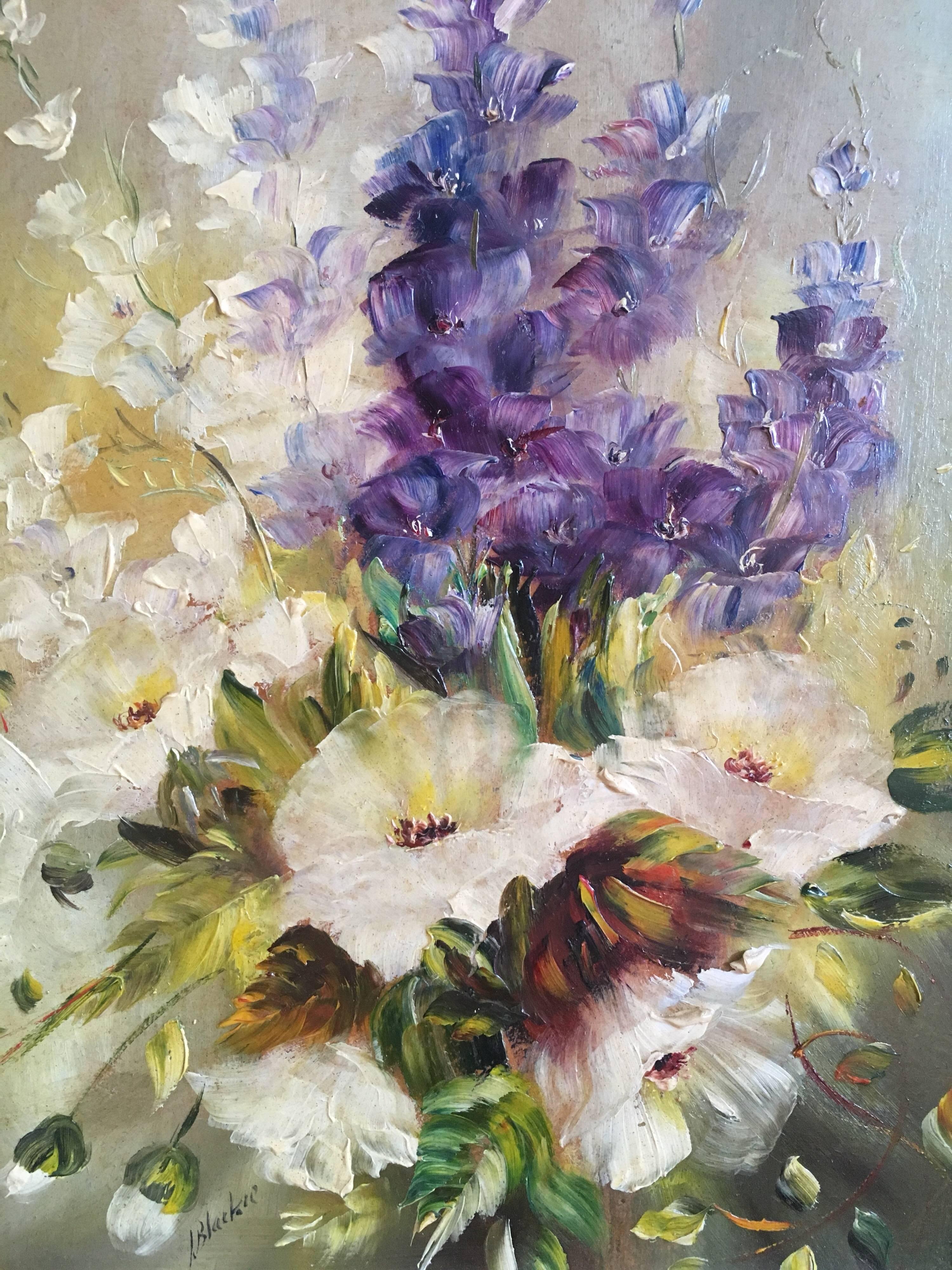Foxglove Floral Arrangement, Oil Painting, Signed 1