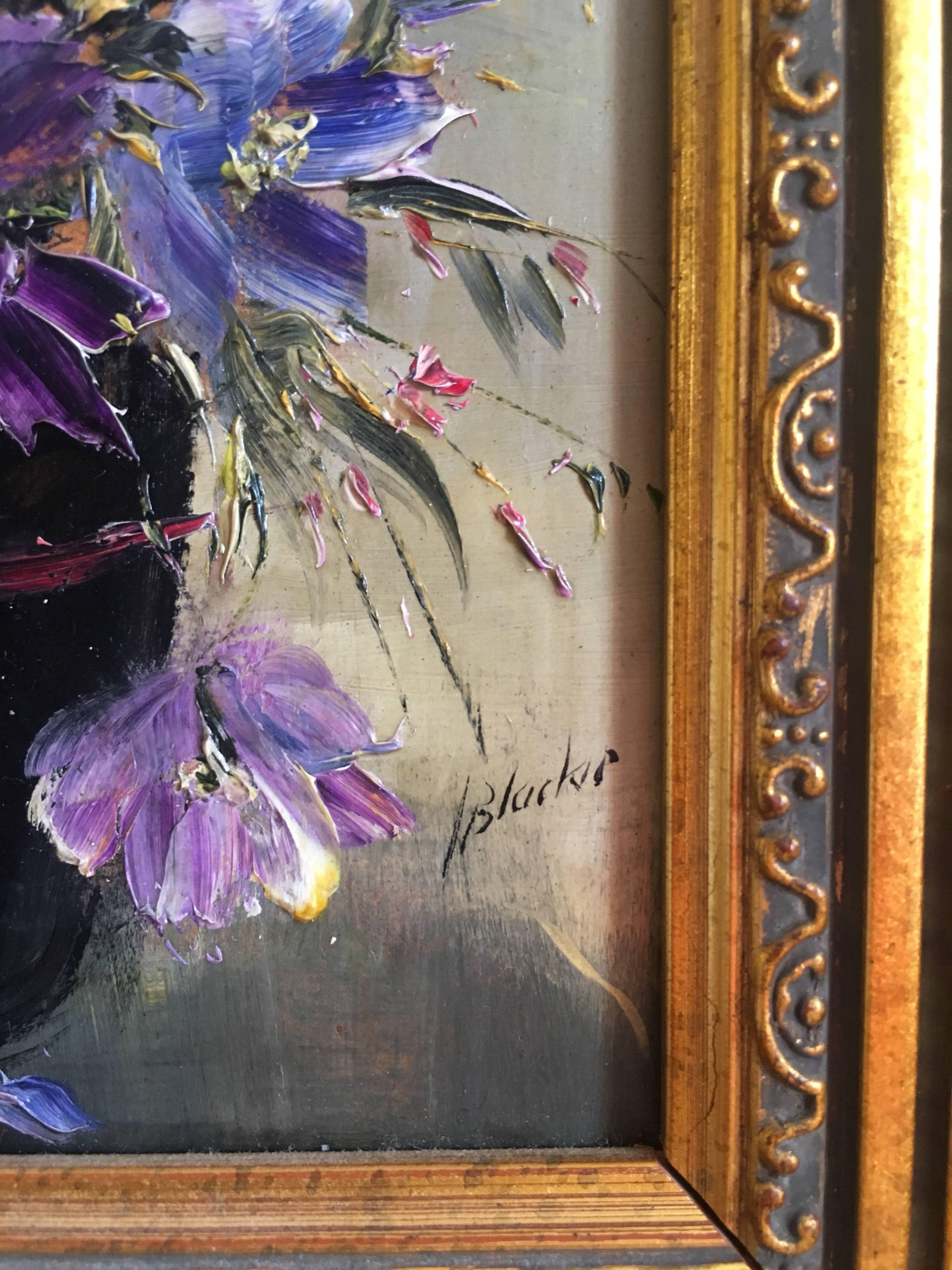 Purple Floral Arrangement, Oil Painting, Signed - Gray Still-Life Painting by Lillias Blackie