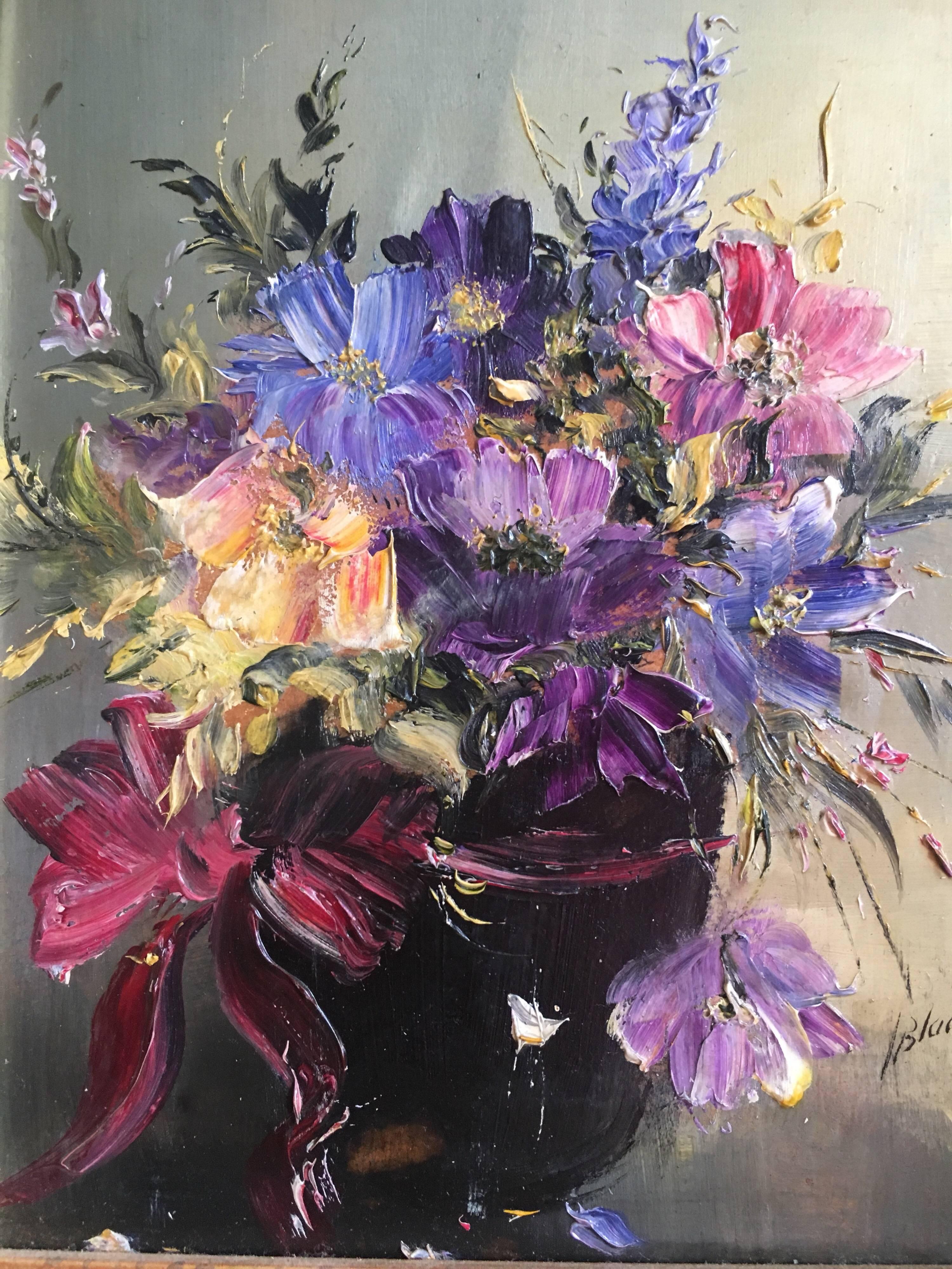 Purple Floral Arrangement
By Lillias Blackie, Scottish Artist, 20th Century
Signed by the artist on the right left hand corner
Oil painting on board, framed
Framed size: 11.5 x 10.5 inches

Beautiful floral arrangement, one that looks like it has