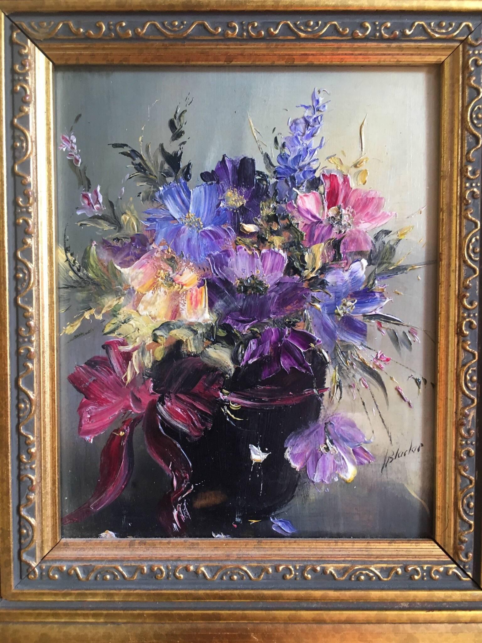 Purple Floral Arrangement, Oil Painting, Signed 1
