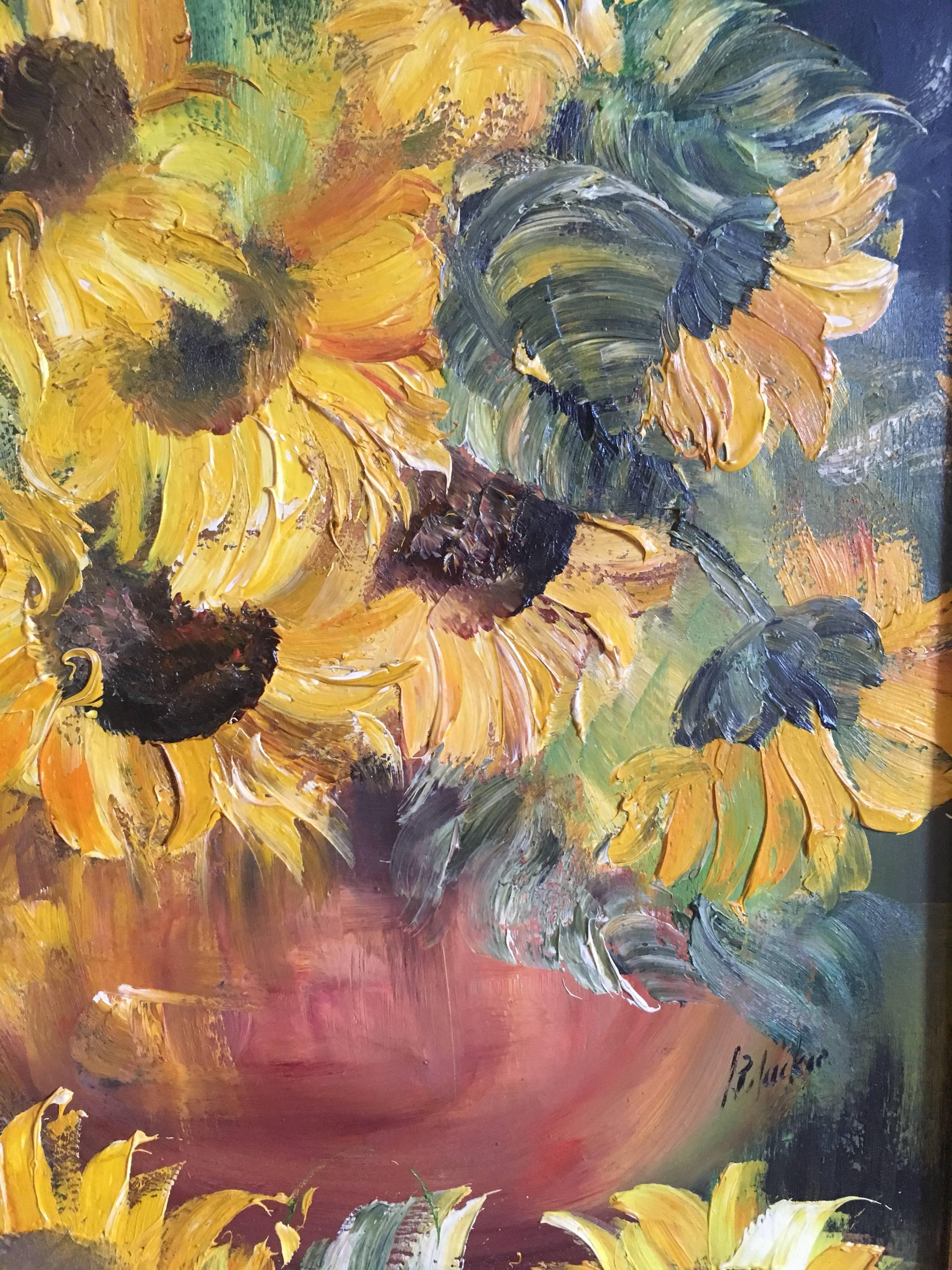 Sunflowers, Impressionist Oil Painting - Brown Interior Painting by Lillias Blackie