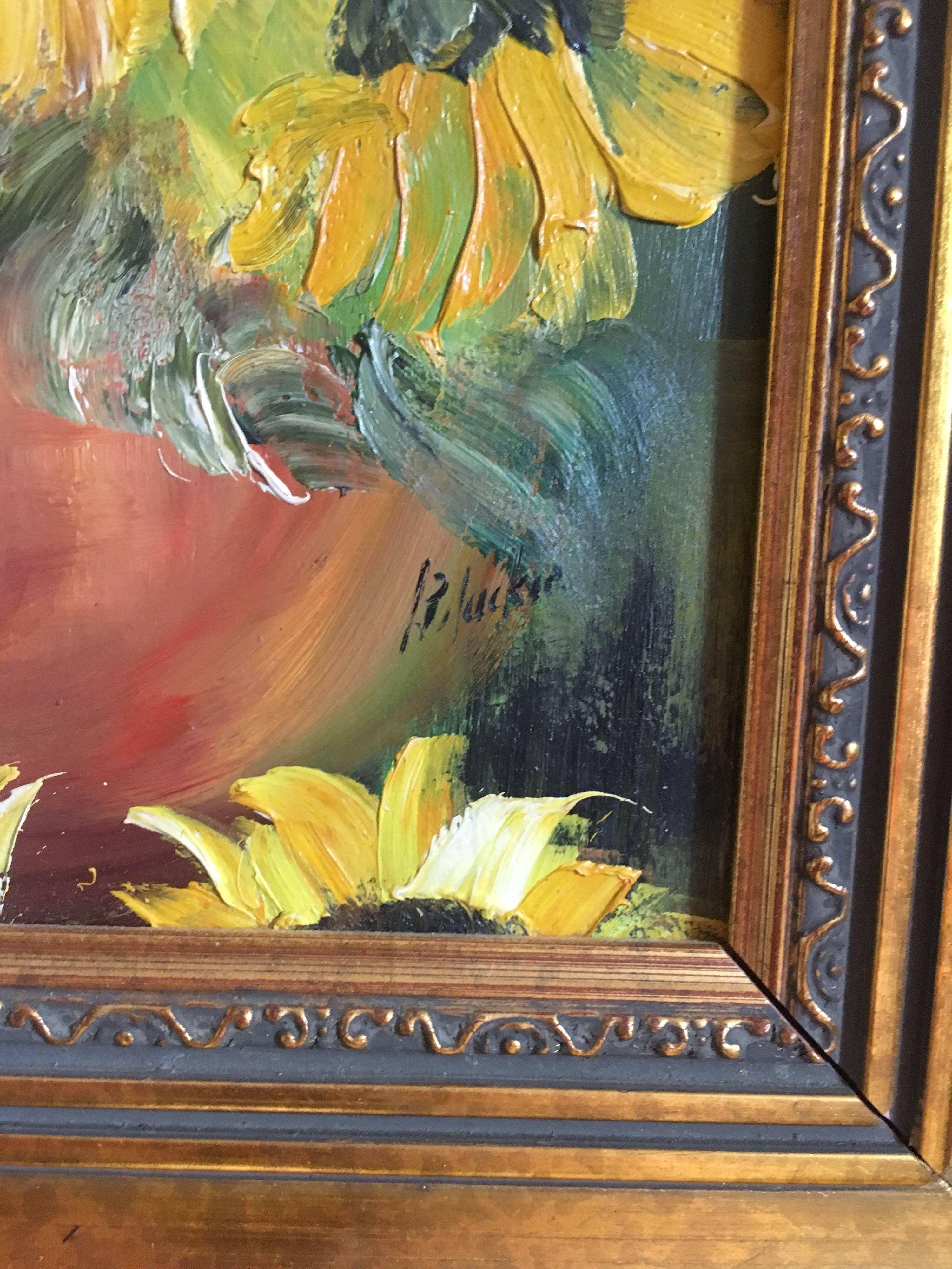Sunflowers, Abstract Oil Painting, Impressionist
By Lillias Blackie, Scottish Artist, 20th Century
Signed by the artist on the right hand corner
Oil painting on board, framed
Framed size: 15.5 x 13.5 inches

Beautiful Sunflower floral arrangement,