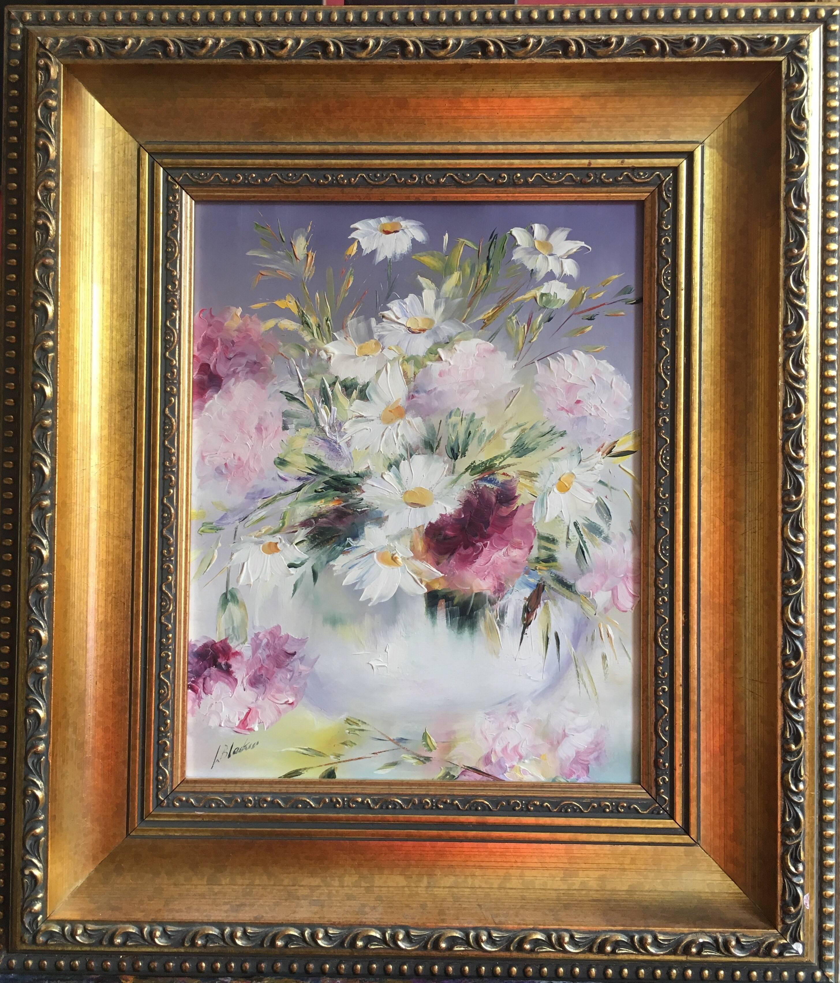 Wild Daisy Floral Arrangement, Oil Painting, Signed - Gray Interior Painting by Lillias Blackie