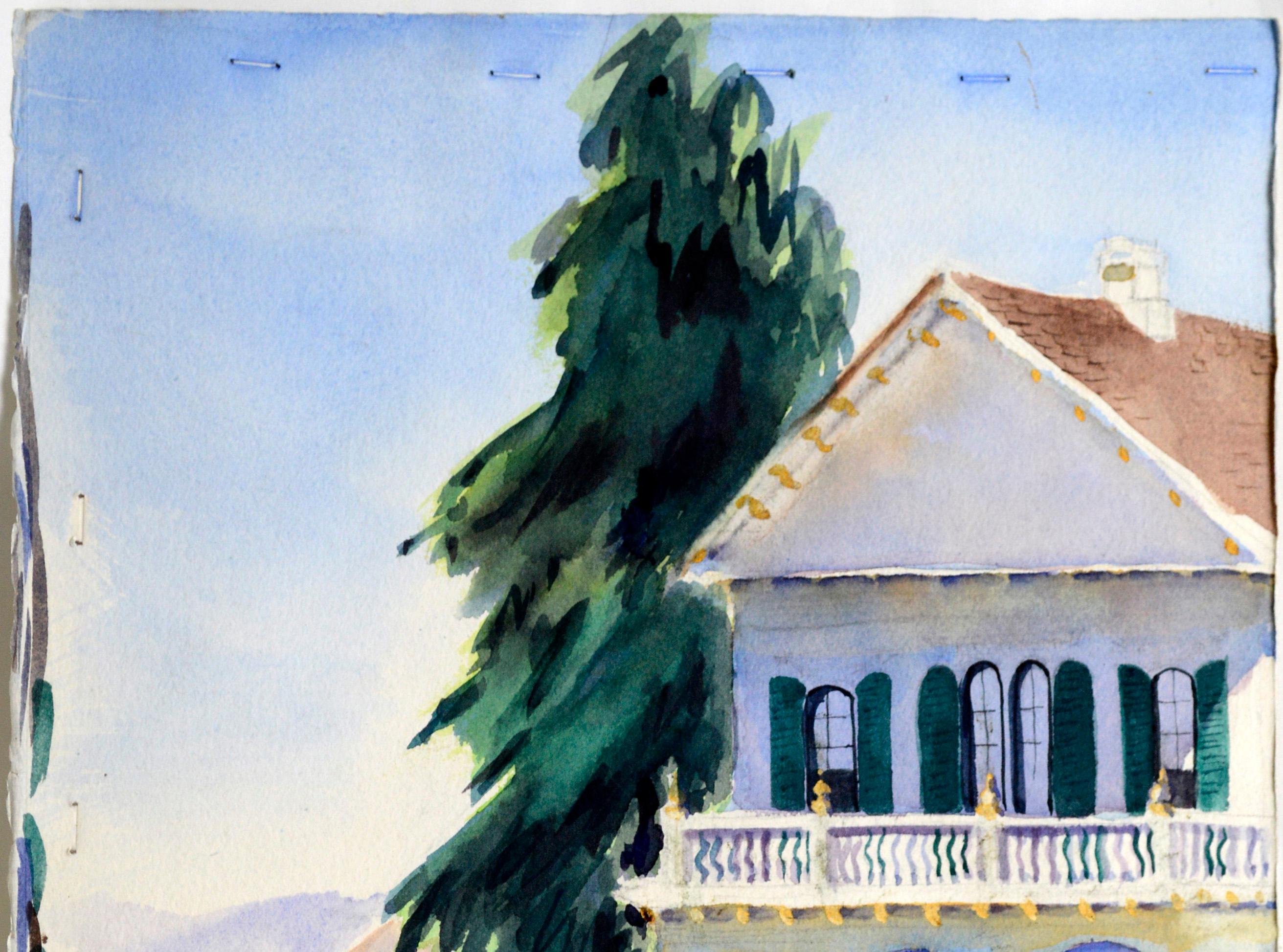 A beautiful watercolor painting of a blue house surrounded by pine trees by Lillie Esther (Hillman) Heebner, a Watsonville, Monterey Bay area, California watercolor artist. Unsigned, but acquired with a collection of her work. Please note the Needle