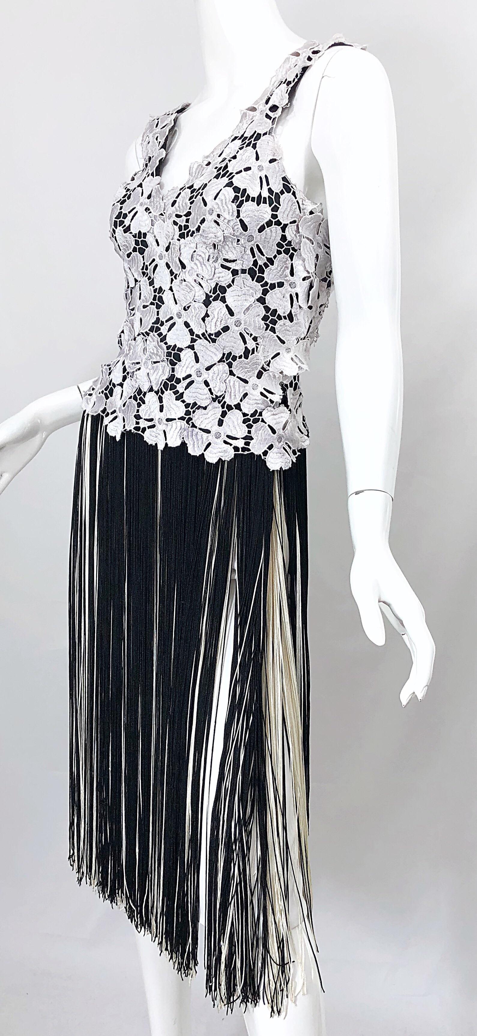 Lillie Rubin 1970s Black and White Flapper Style Crochet Fringe Vintage Dress 6