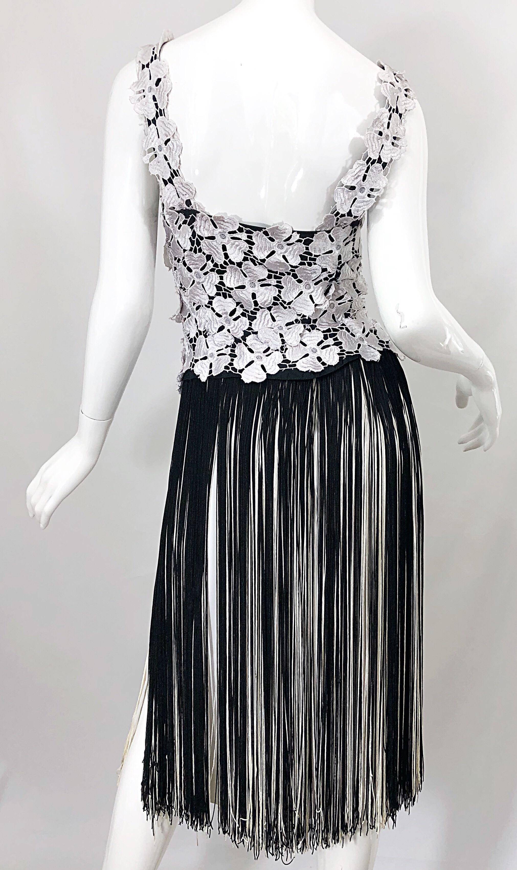 Lillie Rubin 1970s Black and White Flapper Style Crochet Fringe Vintage Dress 7