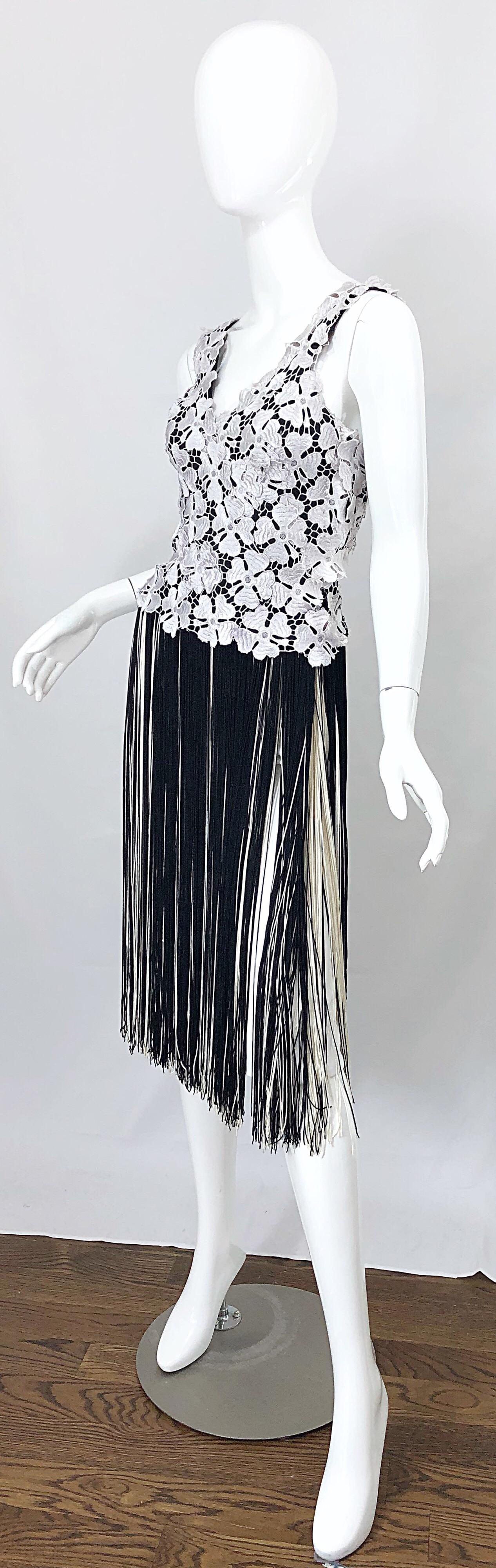 Lillie Rubin 1970s Black and White Flapper Style Crochet Fringe Vintage Dress 8