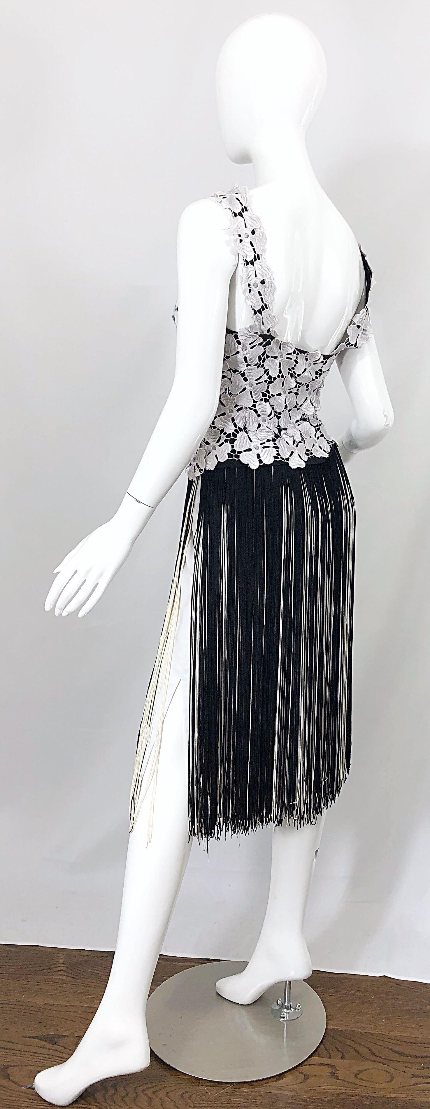 Lillie Rubin 1970s Black and White Flapper Style Crochet Fringe Vintage Dress 9