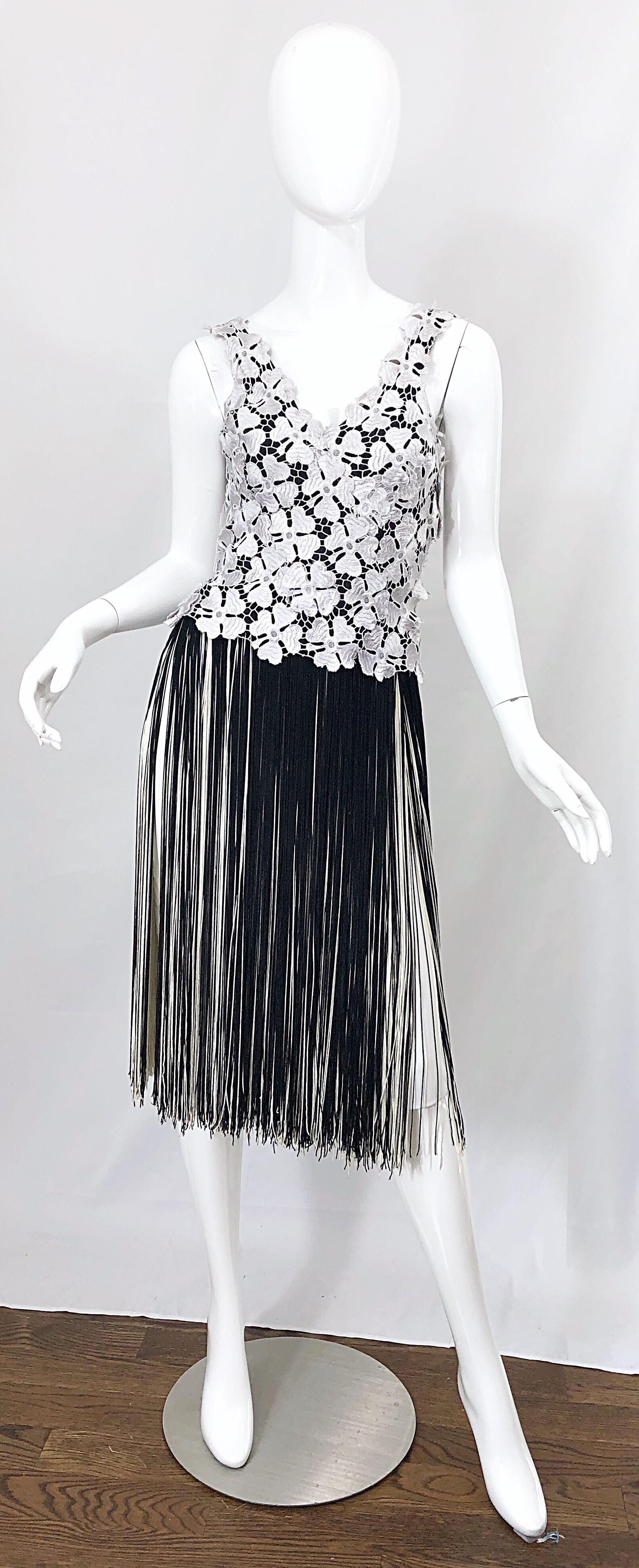 Lillie Rubin 1970s Black and White Flapper Style Crochet Fringe Vintage Dress 10