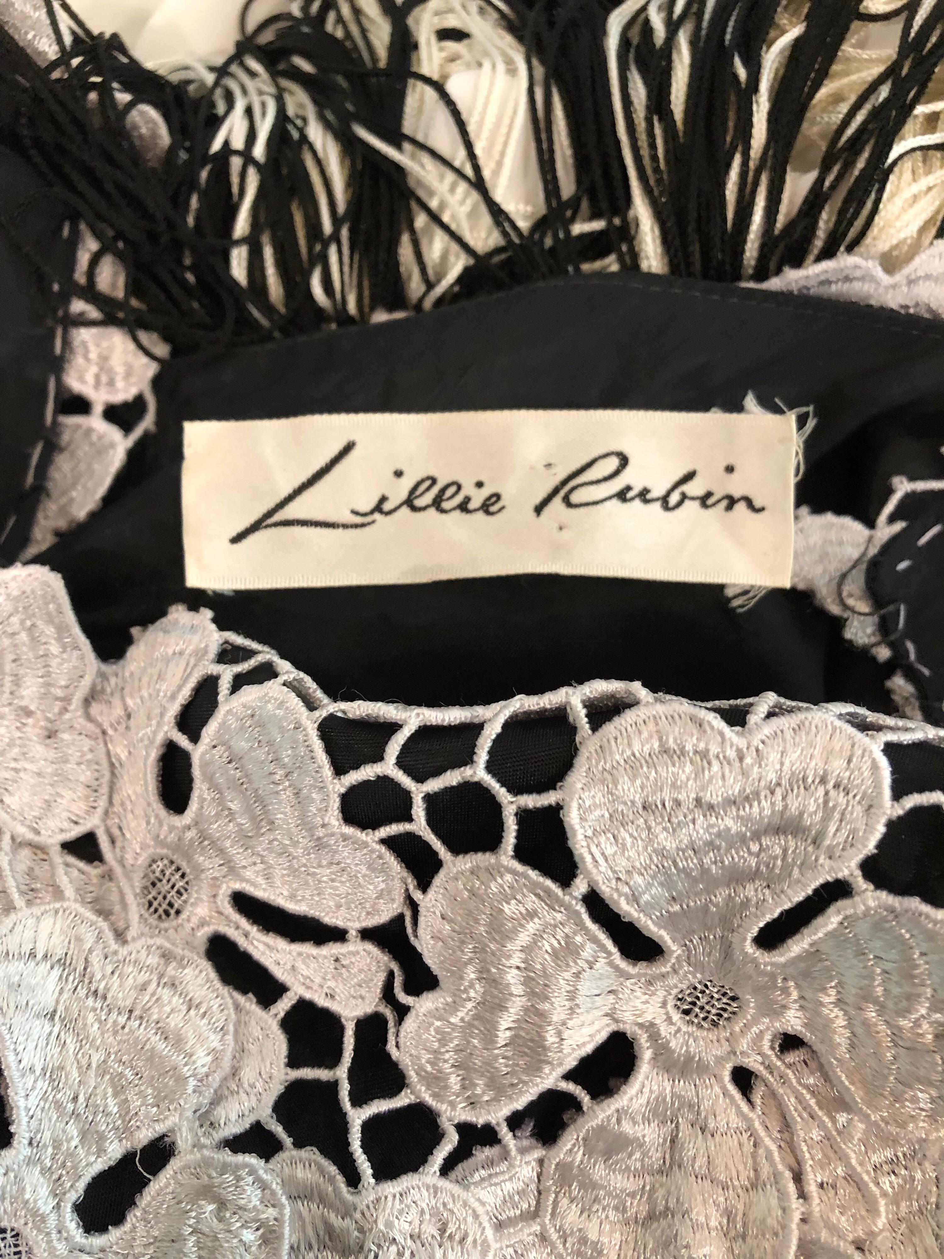 Lillie Rubin 1970s Black and White Flapper Style Crochet Fringe Vintage Dress 11