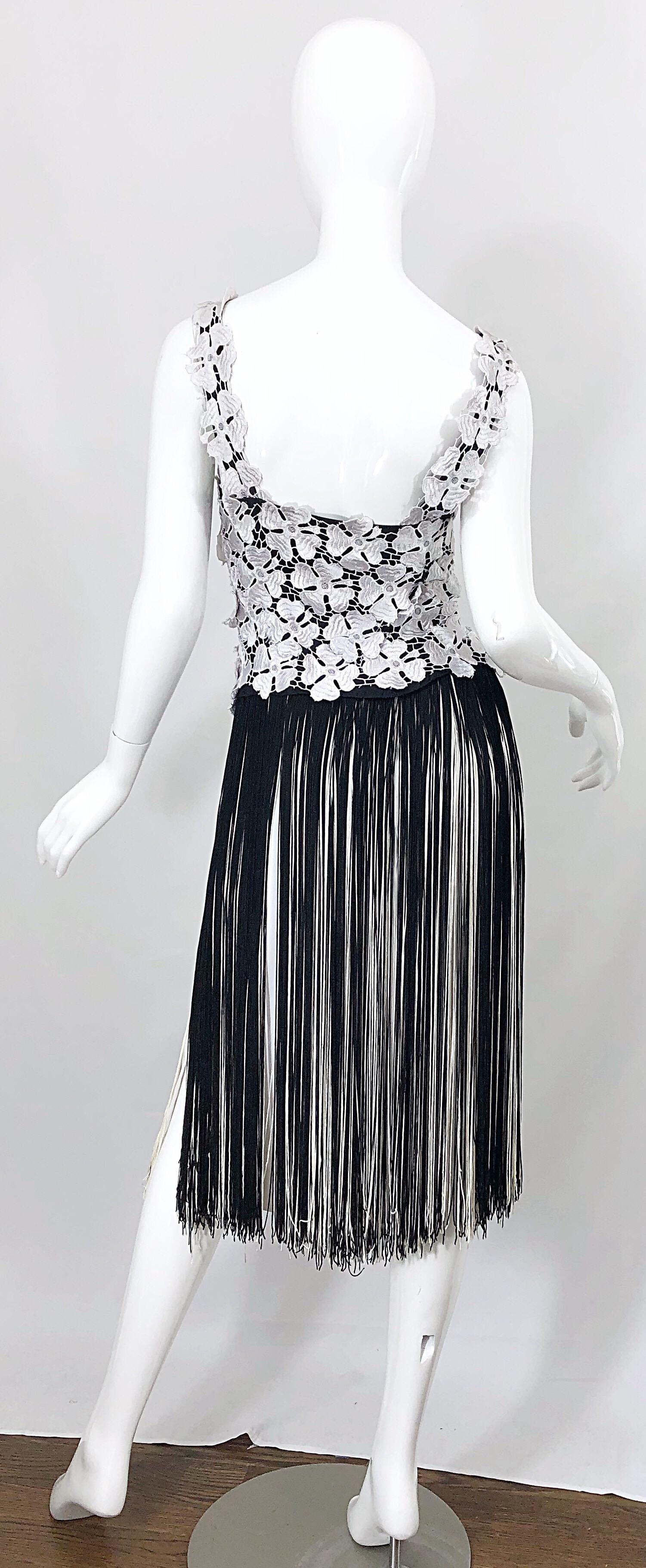 Lillie Rubin 1970s Black and White Flapper Style Crochet Fringe Vintage Dress In Good Condition In San Diego, CA