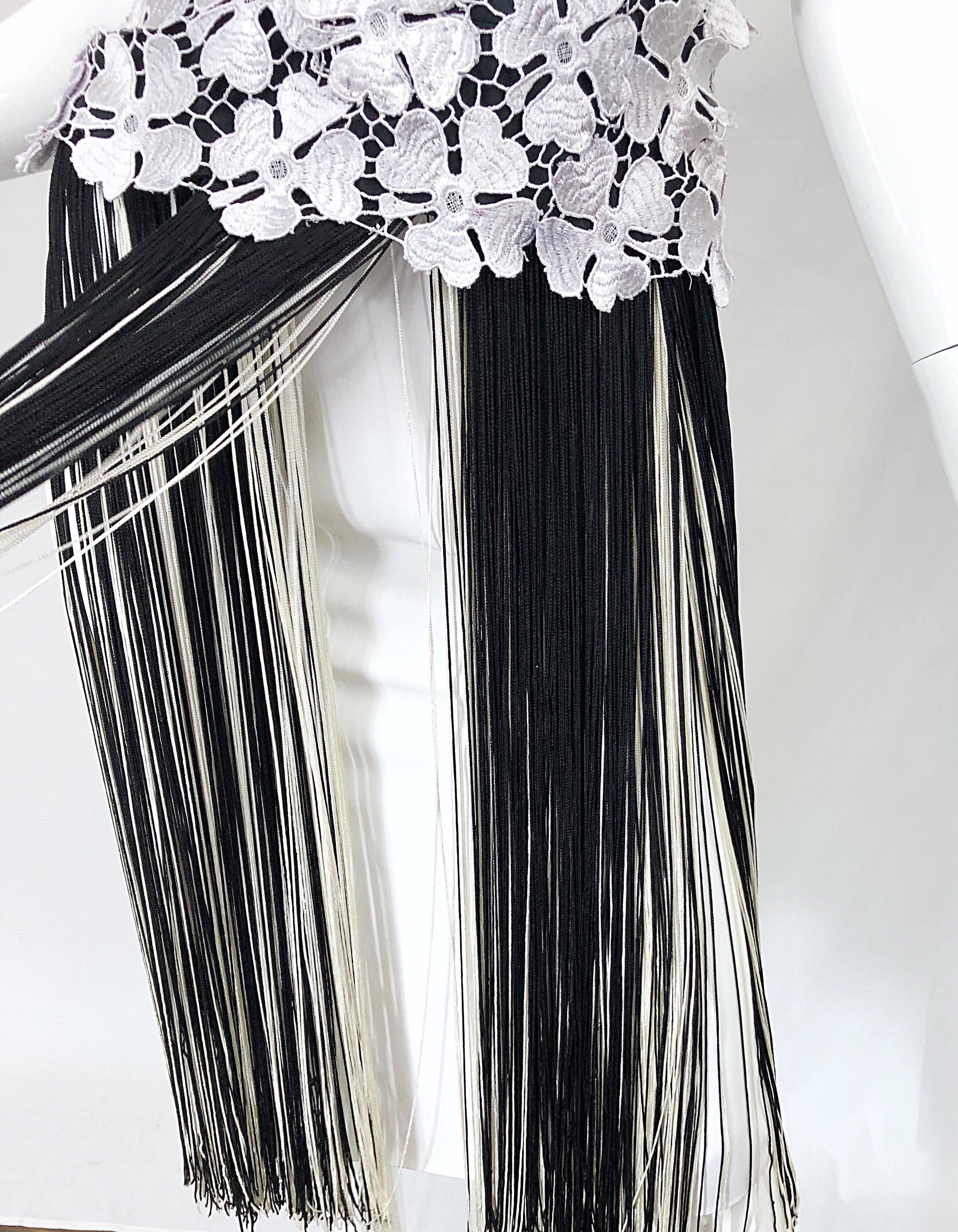 Women's Lillie Rubin 1970s Black and White Flapper Style Crochet Fringe Vintage Dress