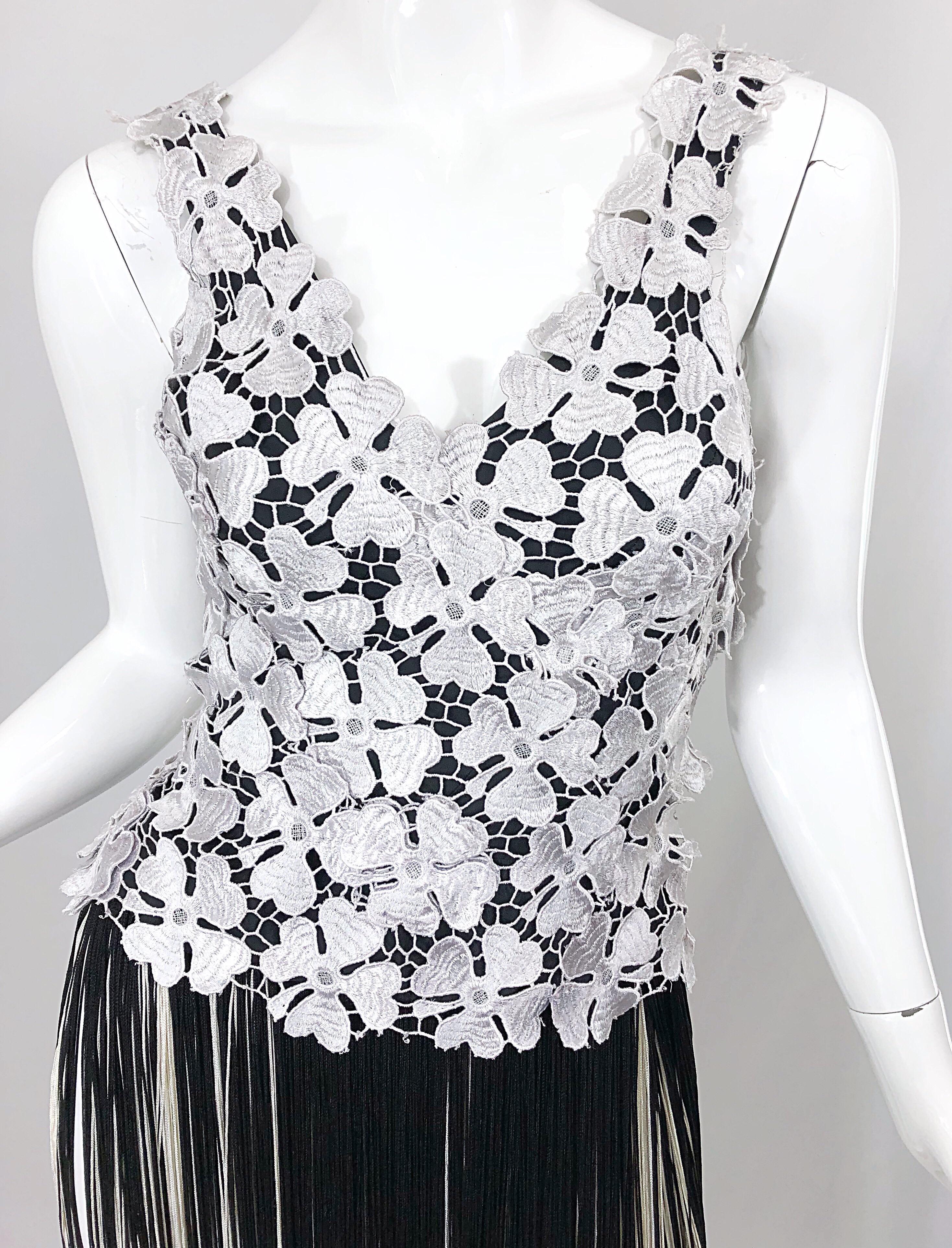 Lillie Rubin 1970s Black and White Flapper Style Crochet Fringe Vintage Dress 1