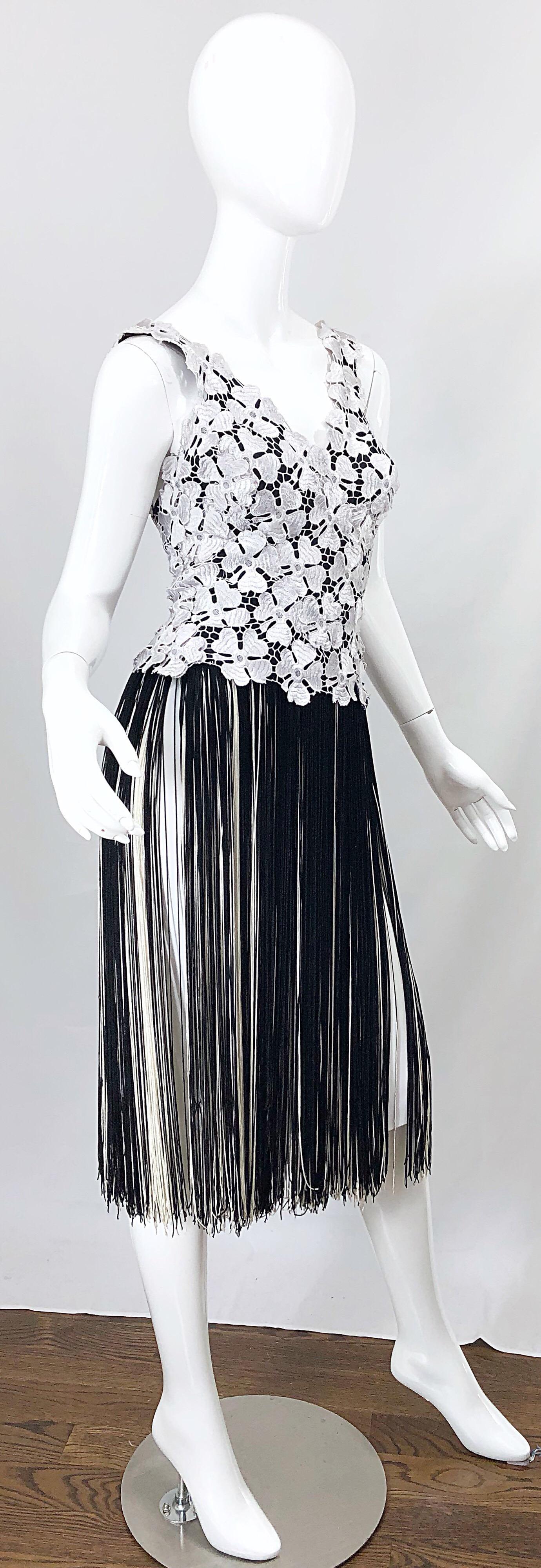 Lillie Rubin 1970s Black and White Flapper Style Crochet Fringe Vintage Dress 2