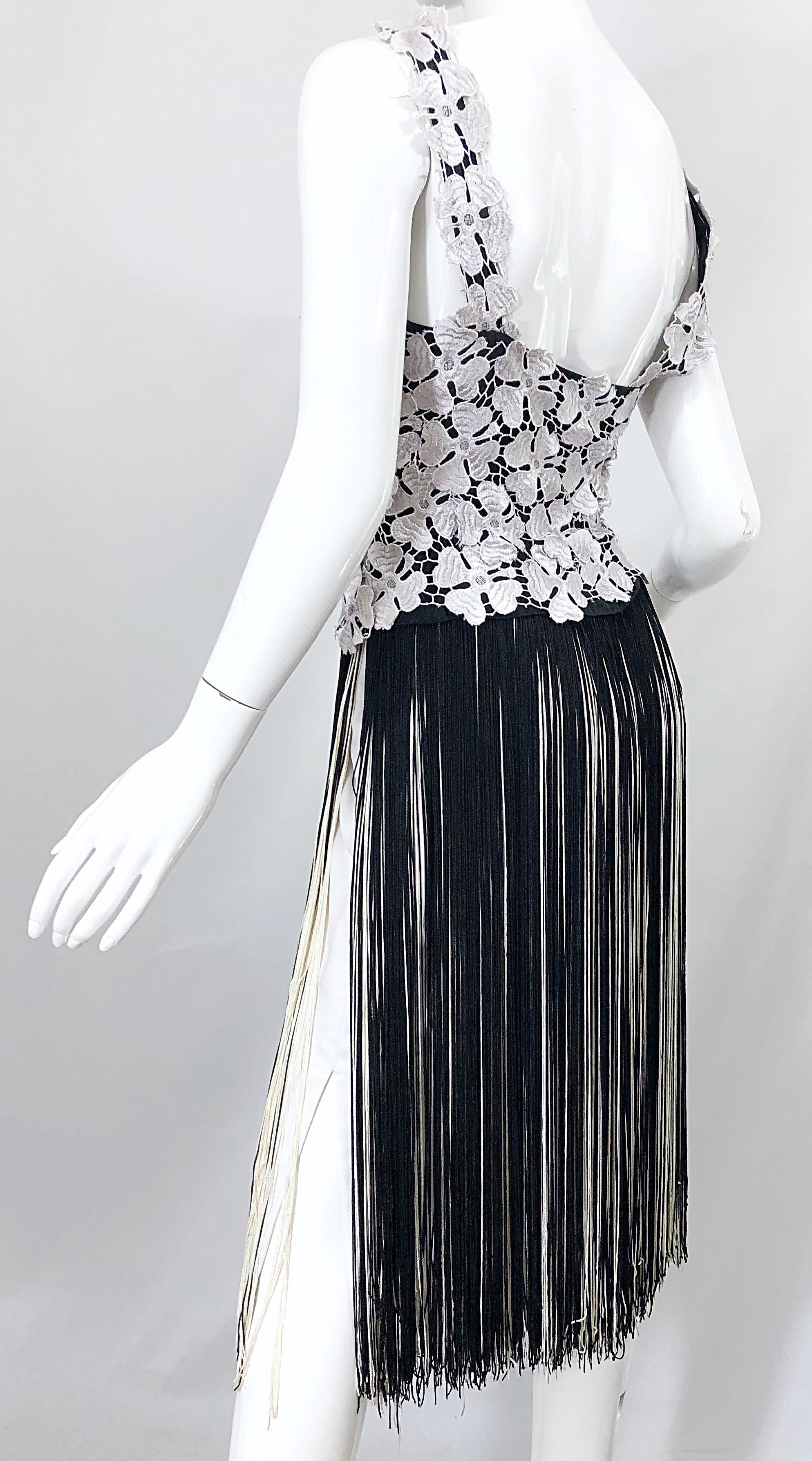 Lillie Rubin 1970s Black and White Flapper Style Crochet Fringe Vintage Dress 3