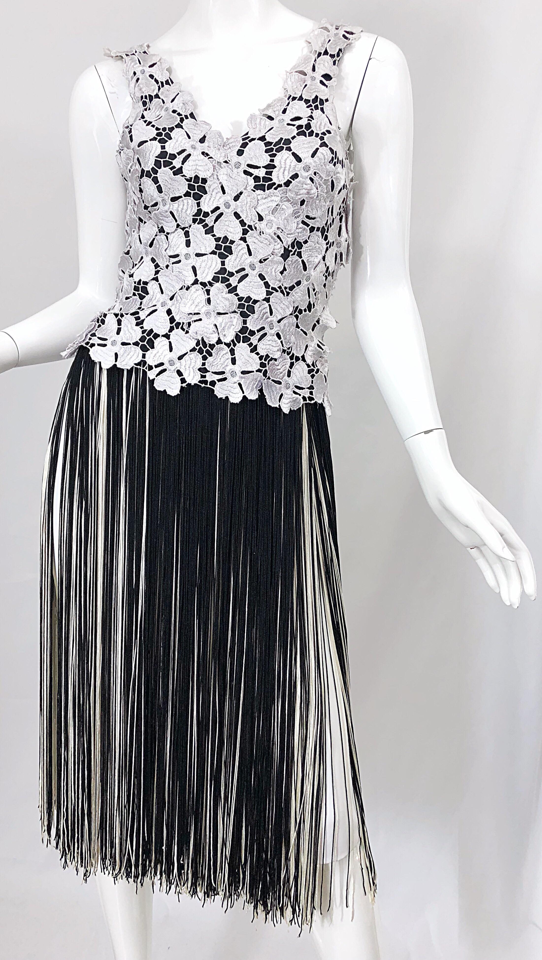 Lillie Rubin 1970s Black and White Flapper Style Crochet Fringe Vintage Dress 4