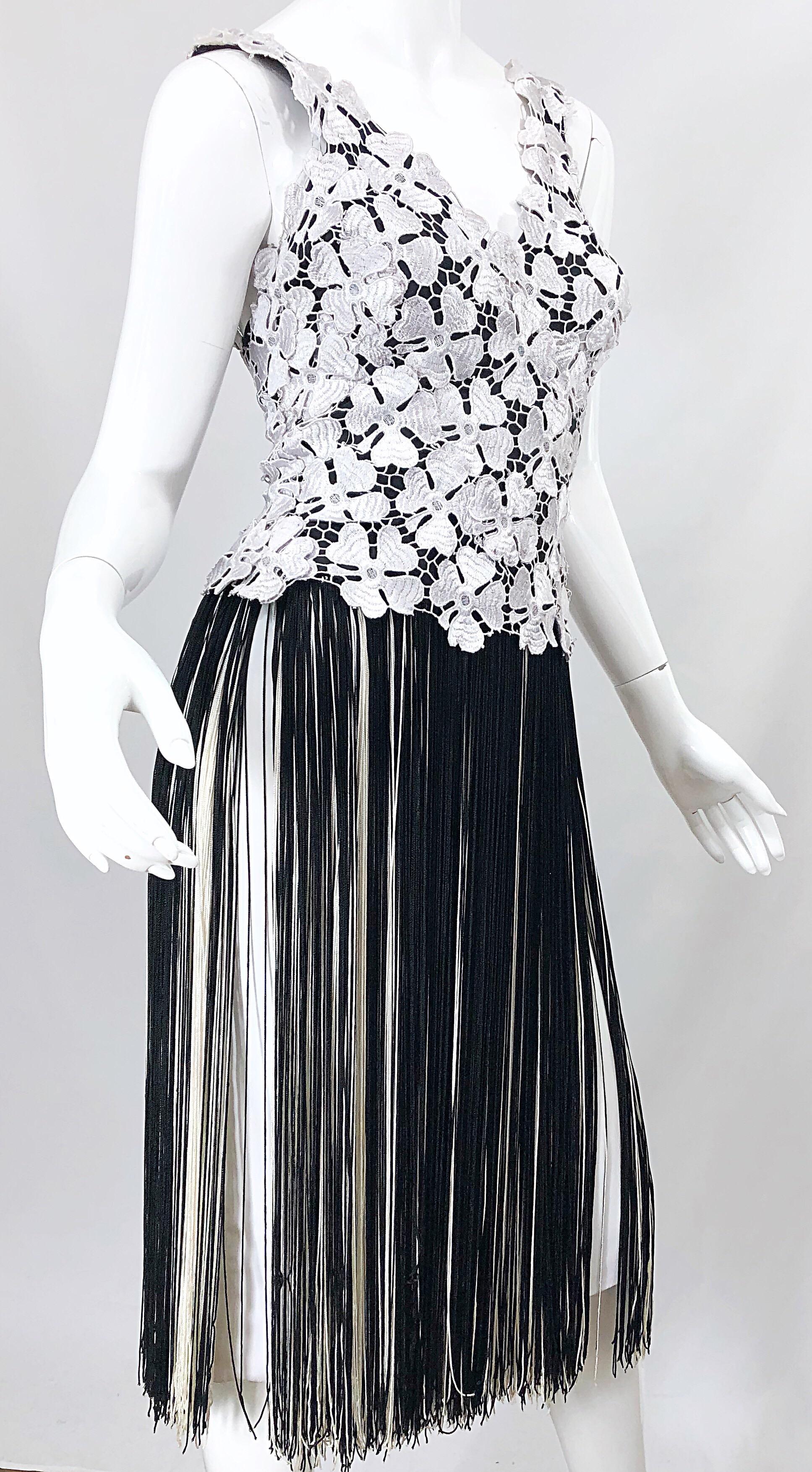 Lillie Rubin 1970s Black and White Flapper Style Crochet Fringe Vintage Dress 5