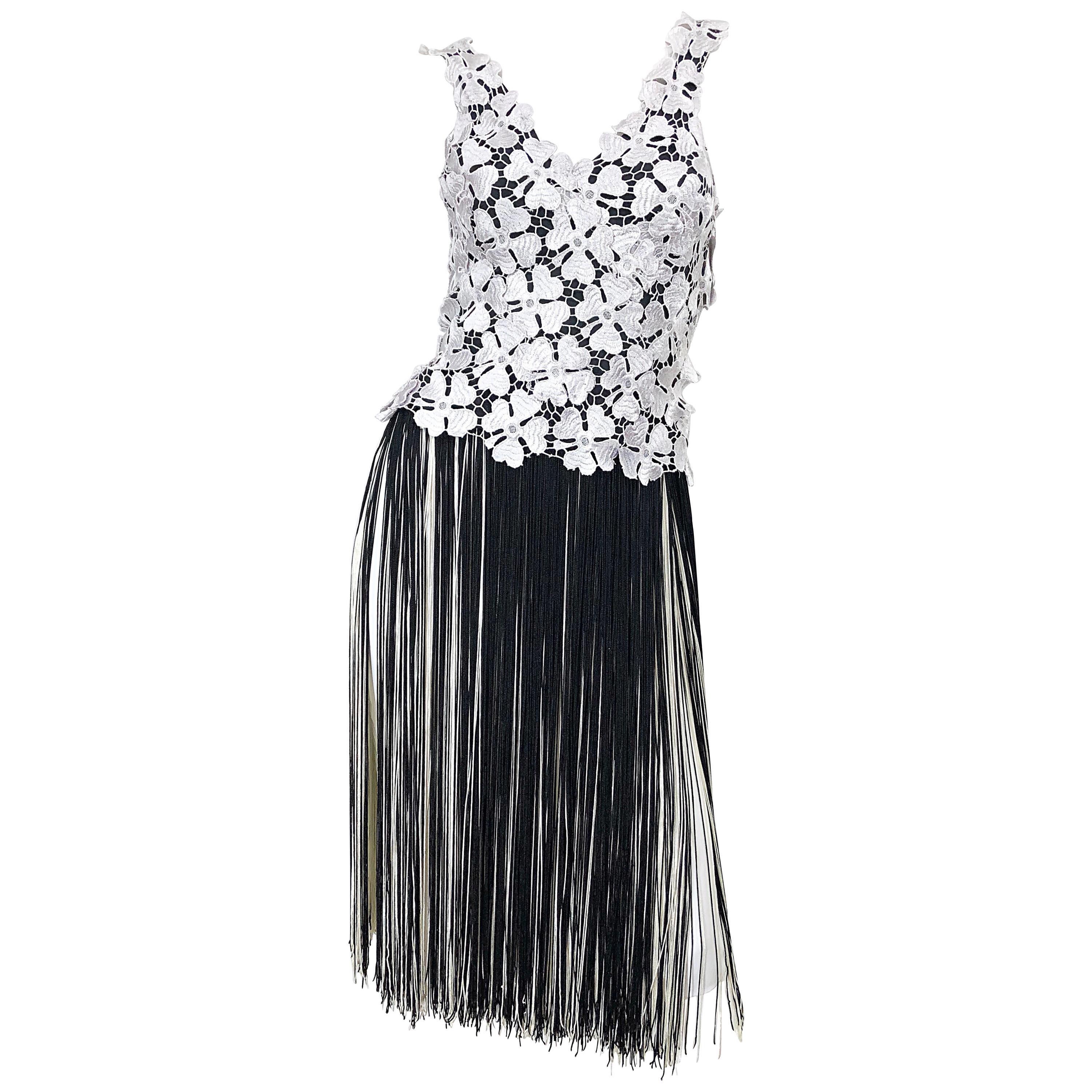 Lillie Rubin 1970s Black and White Flapper Style Crochet Fringe Vintage Dress