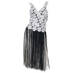 Lillie Rubin 1970s Black and White Flapper Style Crochet Fringe Retro Dress