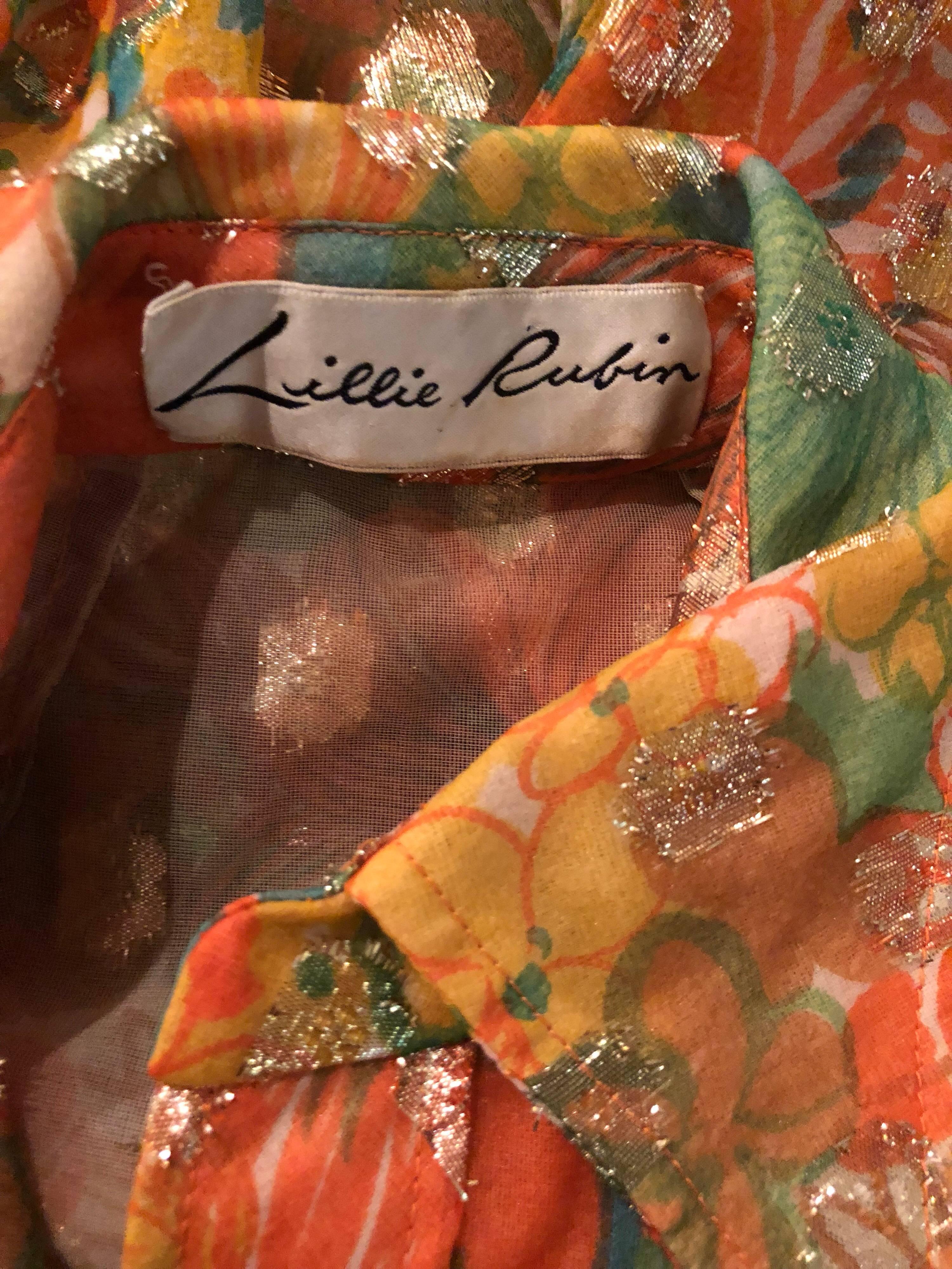 Lillie Rubin Ensemble pantalon palazzo et haut court en mousseline de soie orange, or métallisé, années 1970 en vente 5