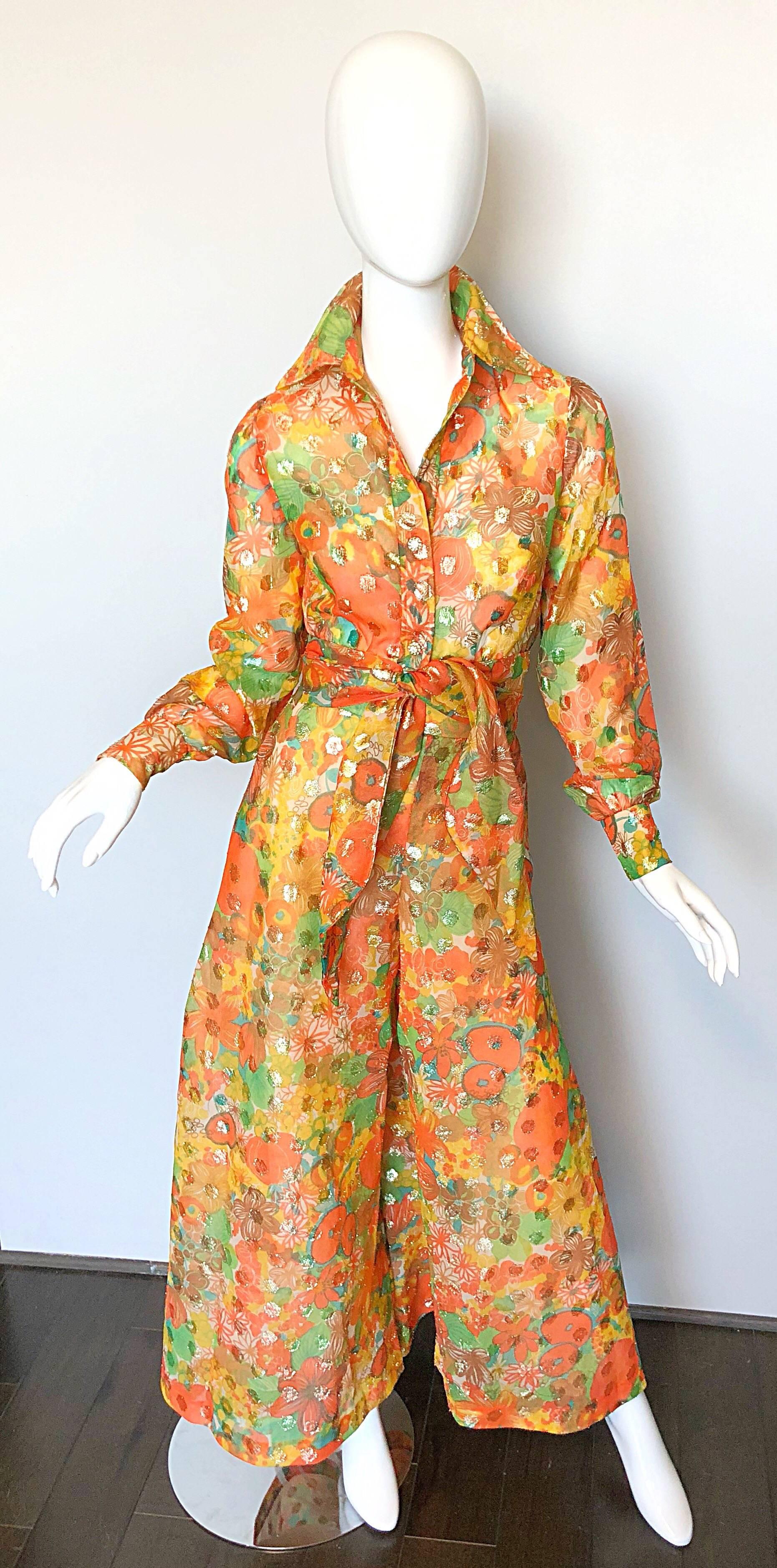 Amazing vintage 1970s LILLIE RUBIN chiffon crop top and wide leg palazzo trousers! Features vibrant colors of orange, yellow, green and gold in chic flower prints. Crop top features rhinestone encrusted buttons up the front, and ties at the front