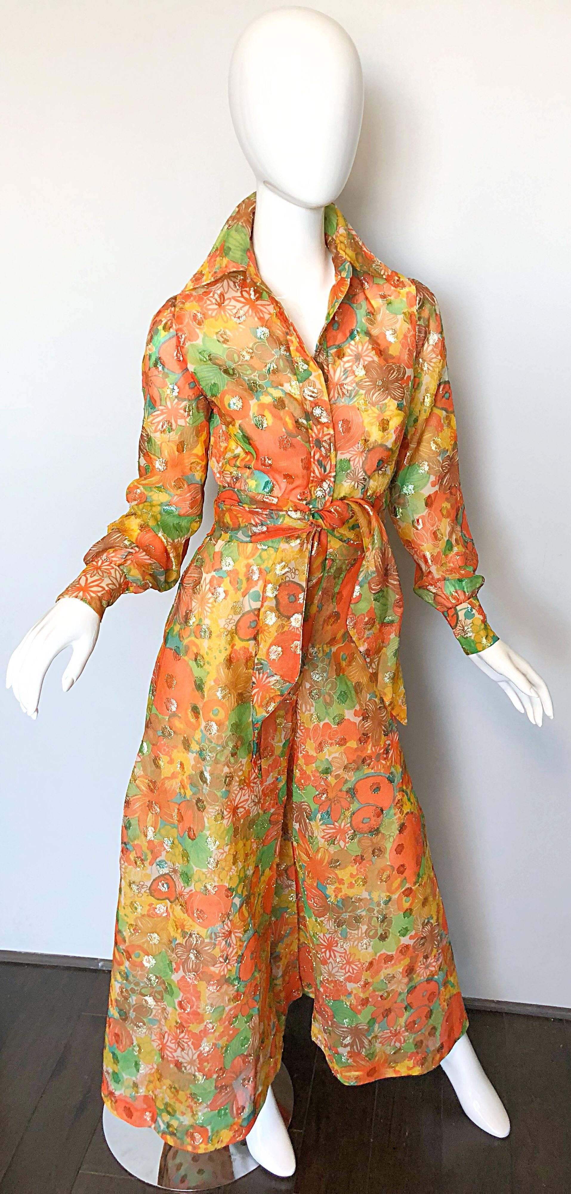 Brown Lillie Rubin 1970s Chiffon Orange Gold Metallic 70s Palazzo Pants + Crop Top Set For Sale