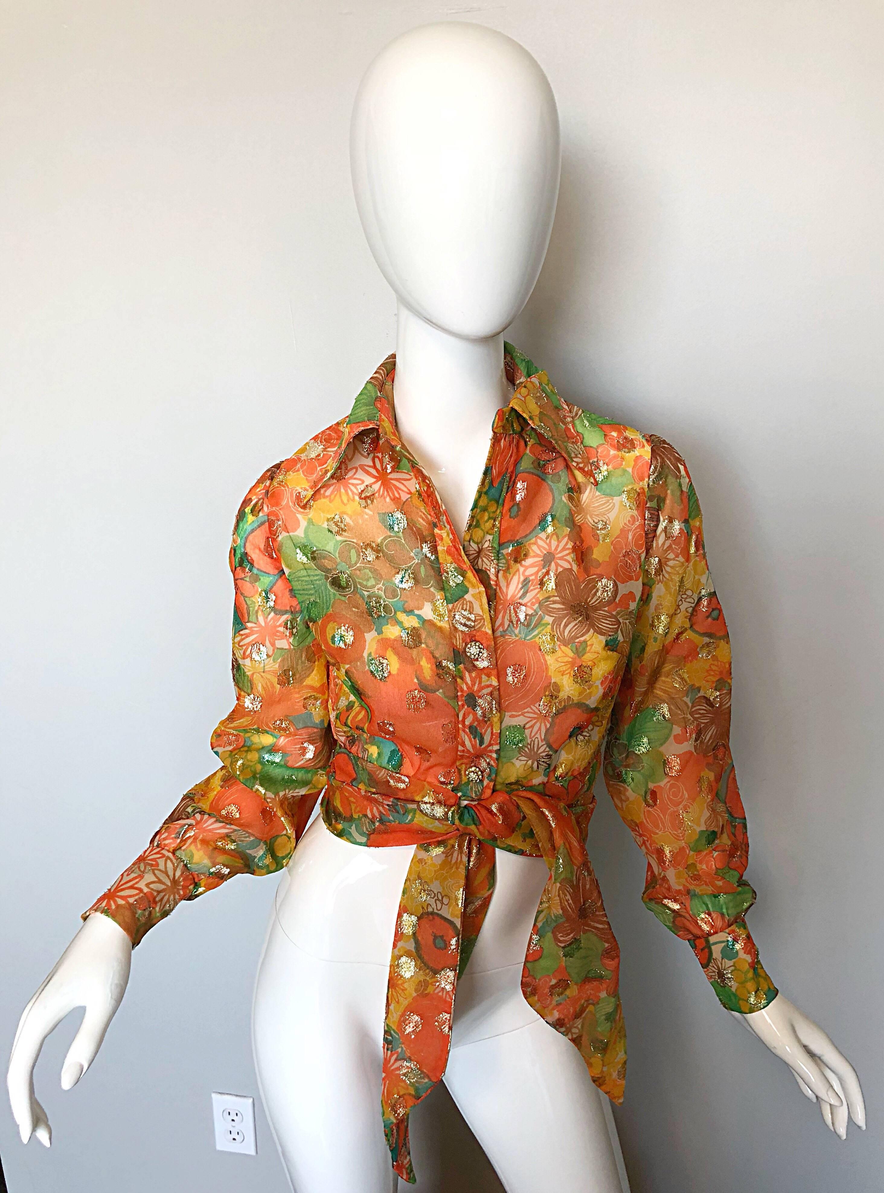Lillie Rubin 1970s Chiffon Orange Gold Metallic 70s Palazzo Pants + Crop Top Set In Excellent Condition For Sale In San Diego, CA