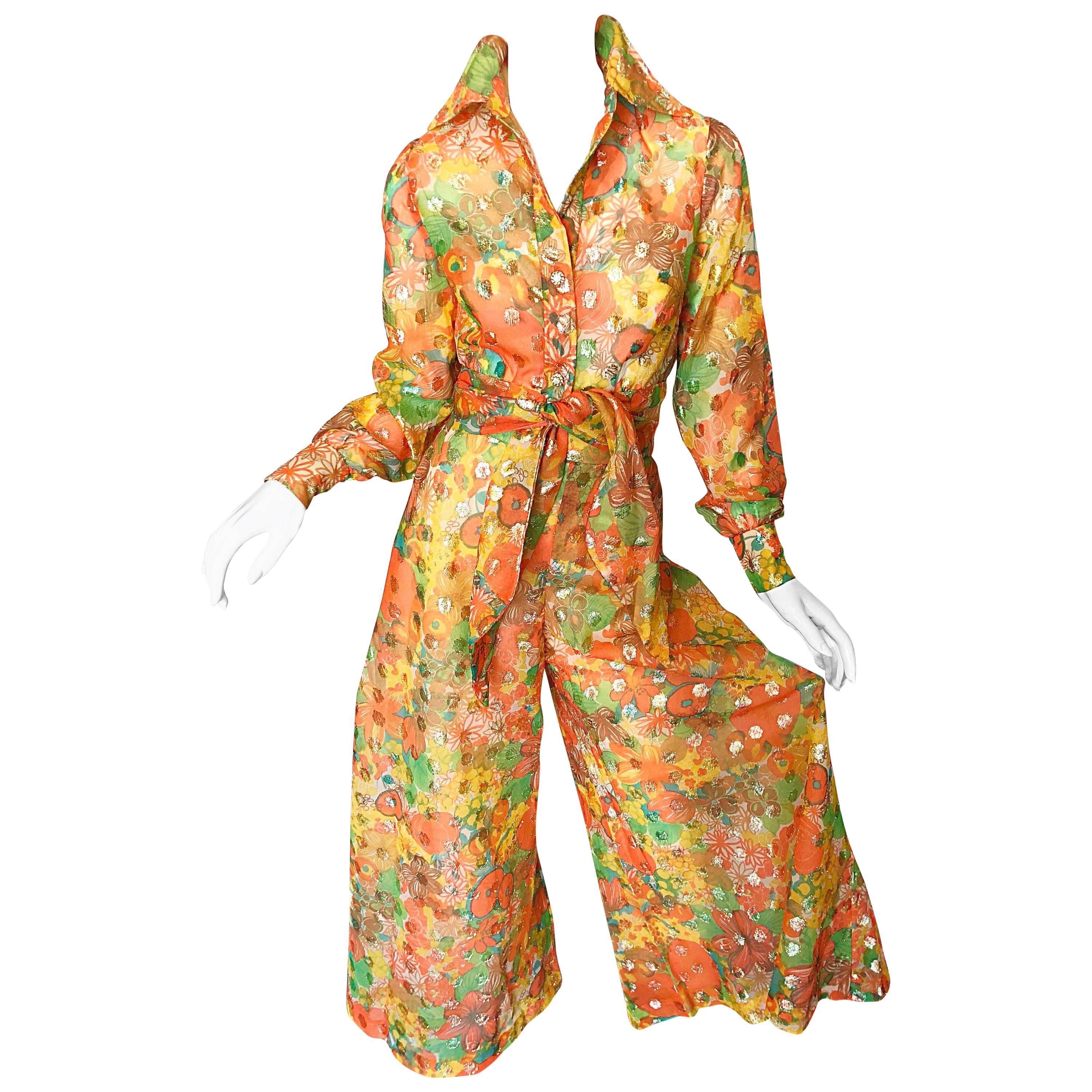 Lillie Rubin Ensemble pantalon palazzo et haut court en mousseline de soie orange, or métallisé, années 1970 en vente