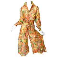 Lillie Rubin Pantalones palazzo de los años 70 de gasa naranja dorada metalizada + conjunto crop top