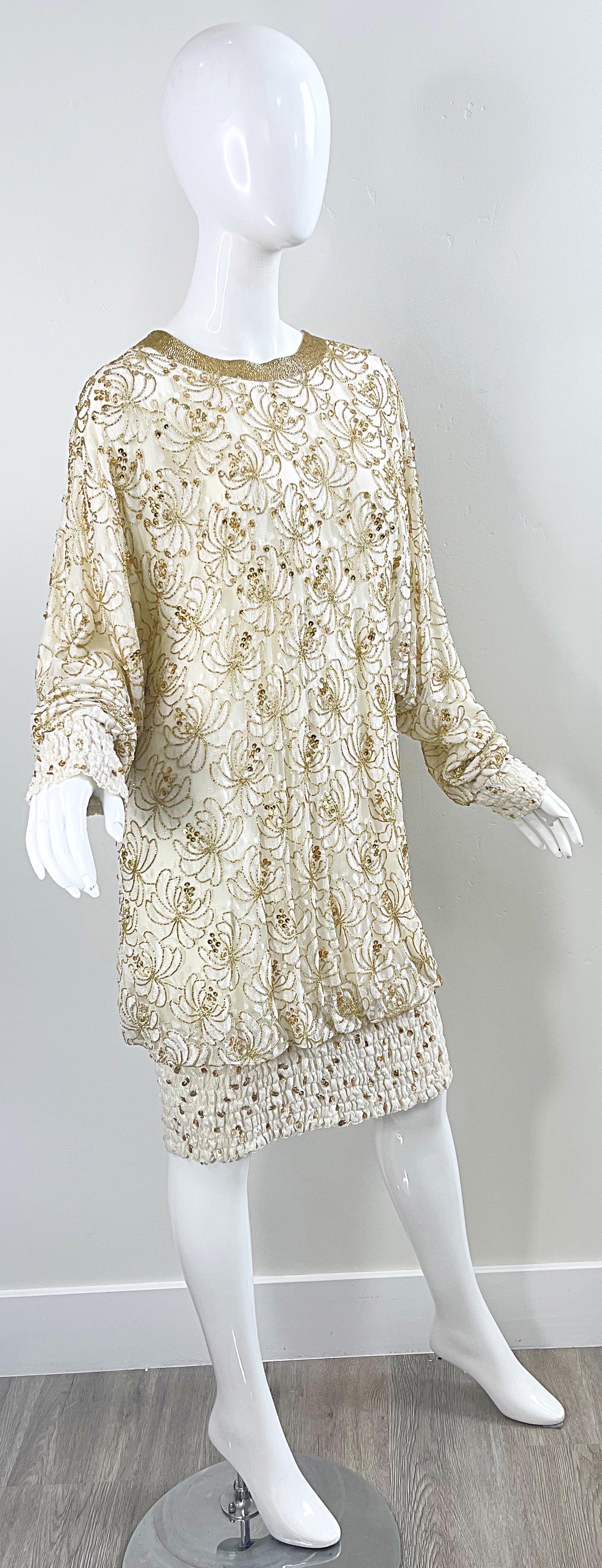 Lillie Rubin 1980s Ivory Off White + Gold Lace Sequin Beaded Vintage 80s Dress For Sale 5