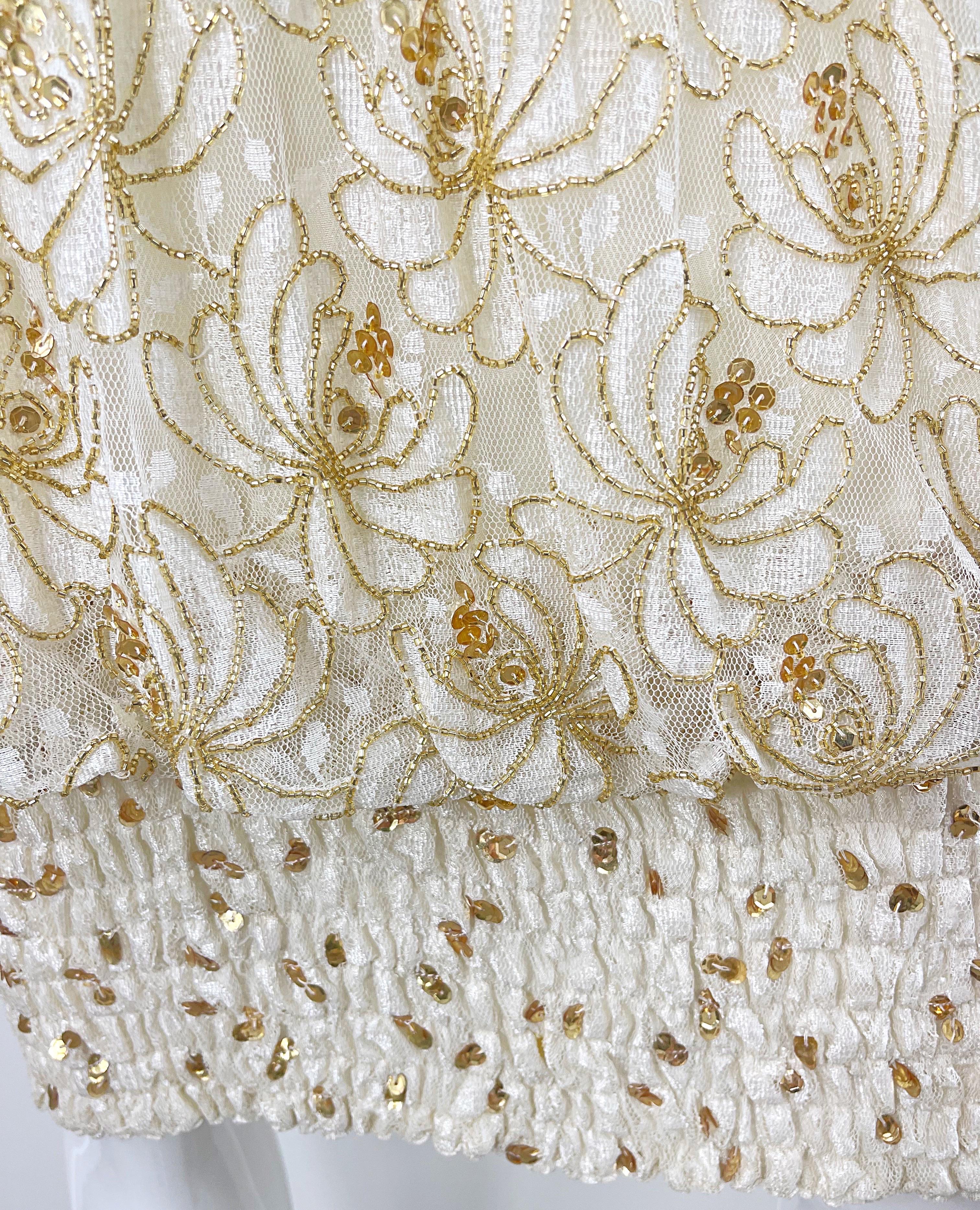Lillie Rubin 1980s Ivory Off White + Gold Lace Sequin Beaded Vintage 80s Dress For Sale 7