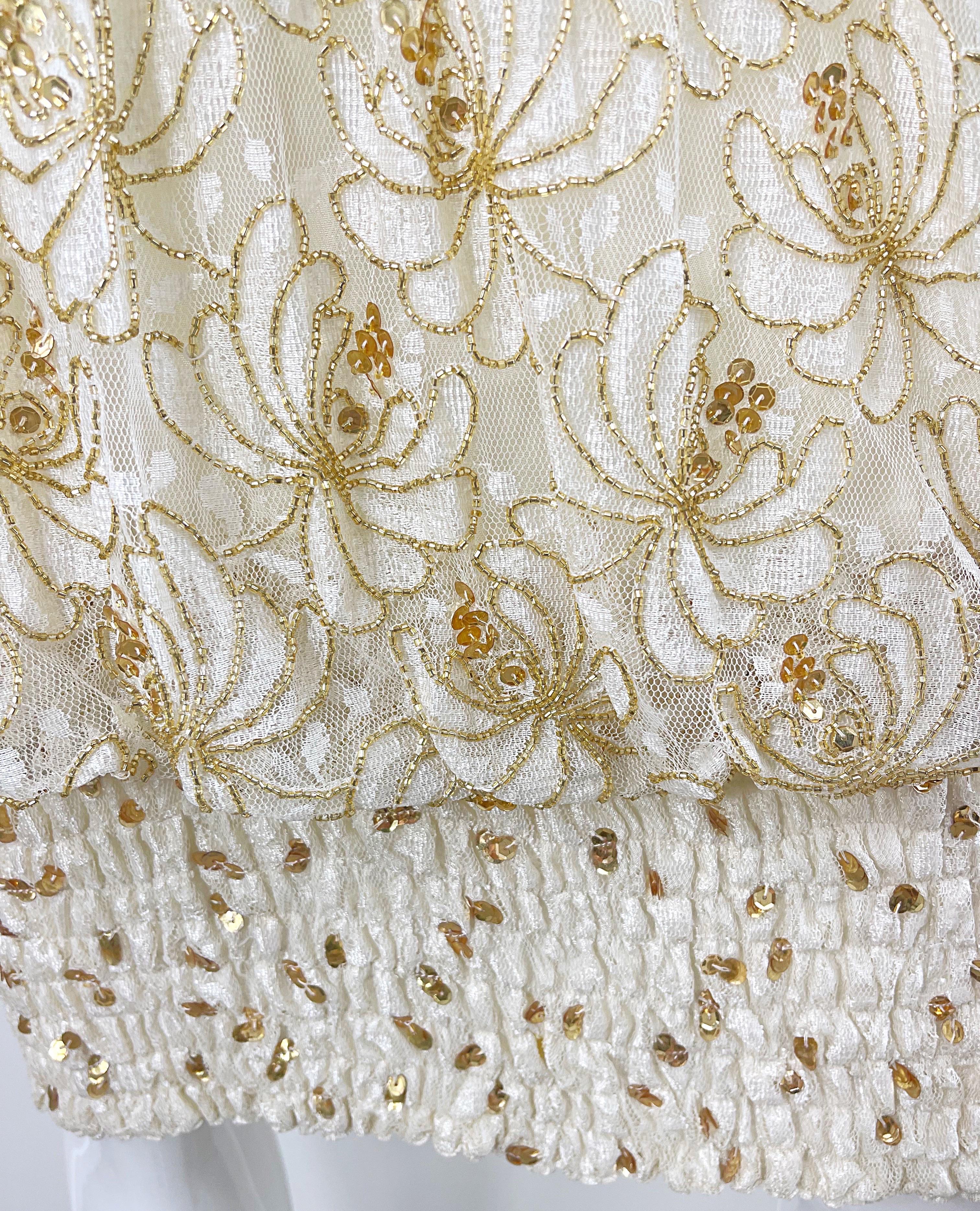 Lillie Rubin 1980s Ivory Off White + Gold Lace Sequin Beaded Vintage 80s Dress For Sale 6