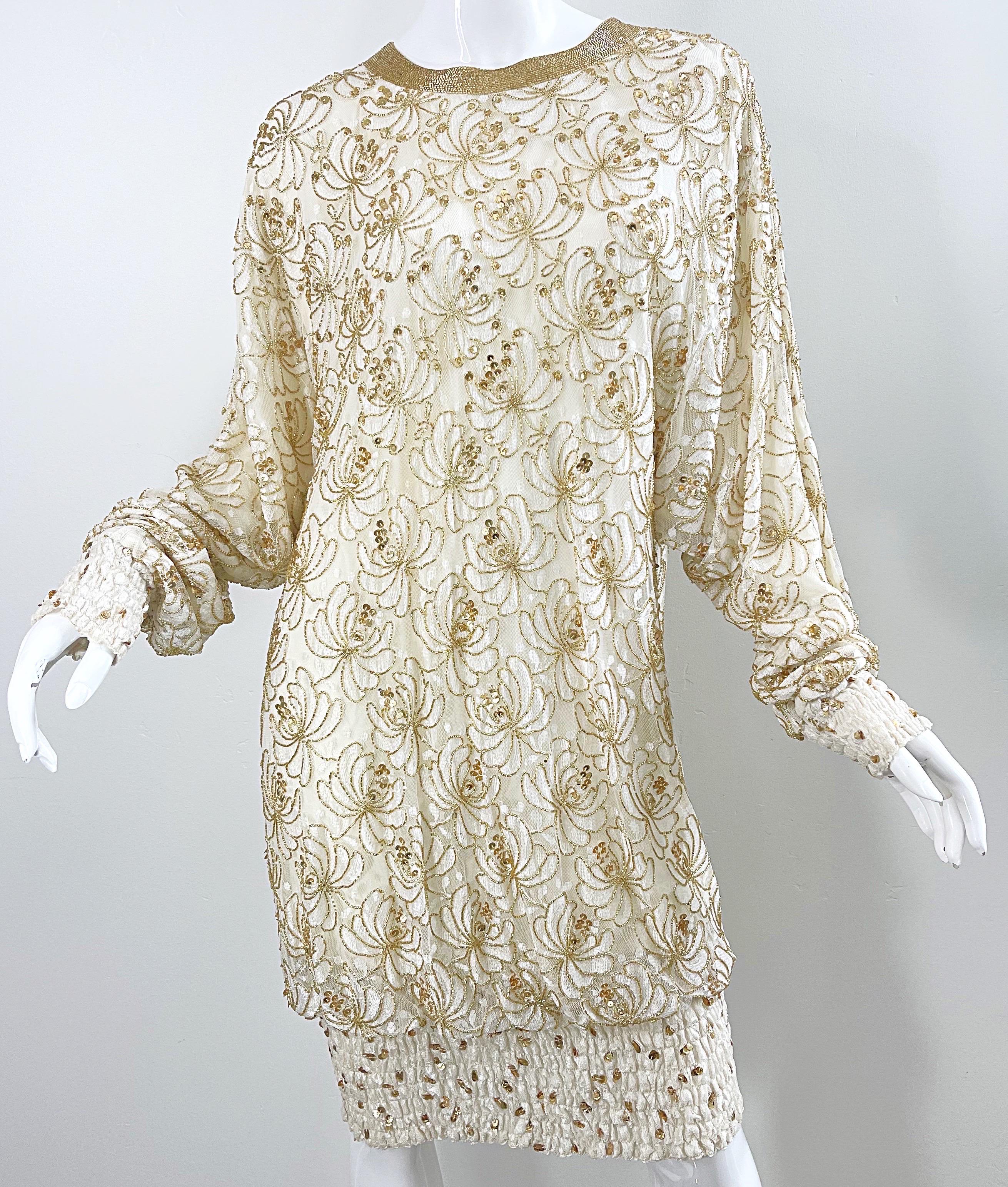Lillie Rubin 1980s Ivory Off White + Gold Lace Sequin Beaded Vintage 80s Dress For Sale 7