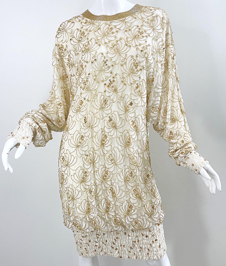 Lillie Rubin 1980s Ivory Off White + Gold Lace Sequin Beaded Vintage 80s Dress