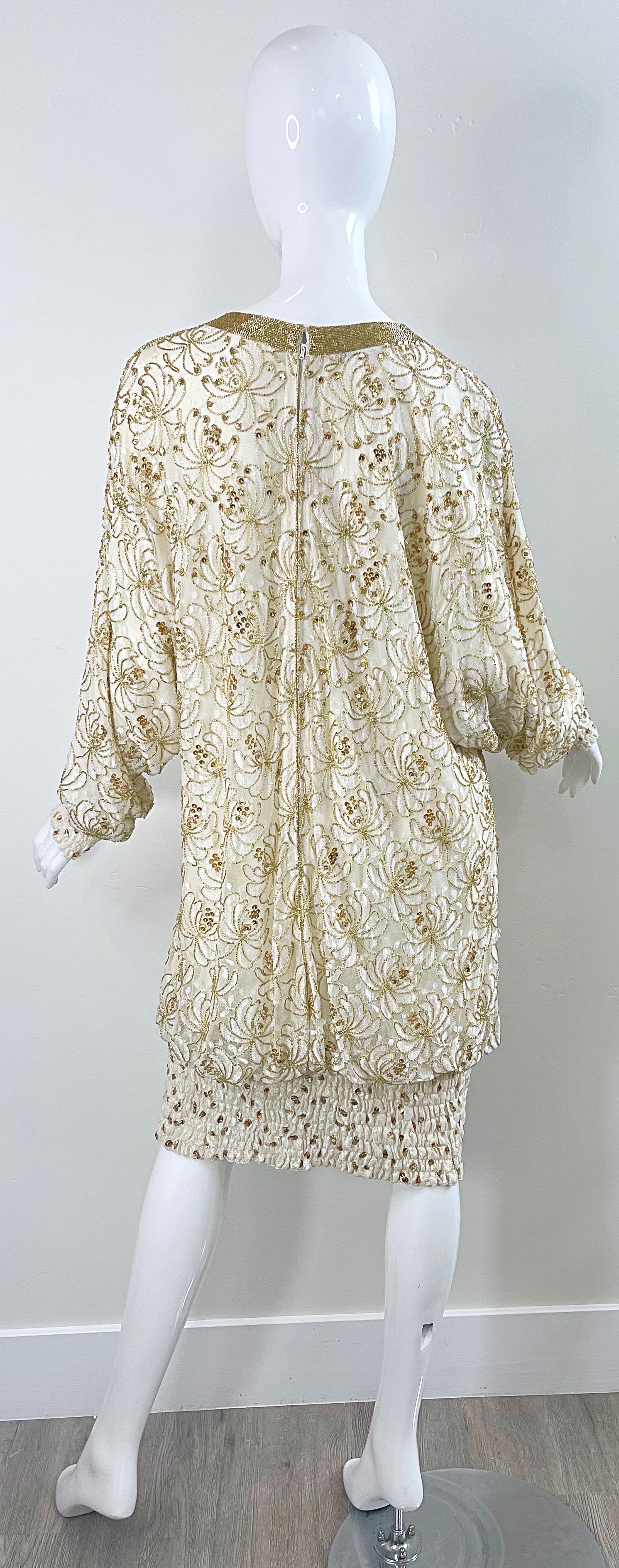 Lillie Rubin 1980s Ivory Off White + Gold Lace Sequin Beaded Vintage 80s Dress For Sale 9