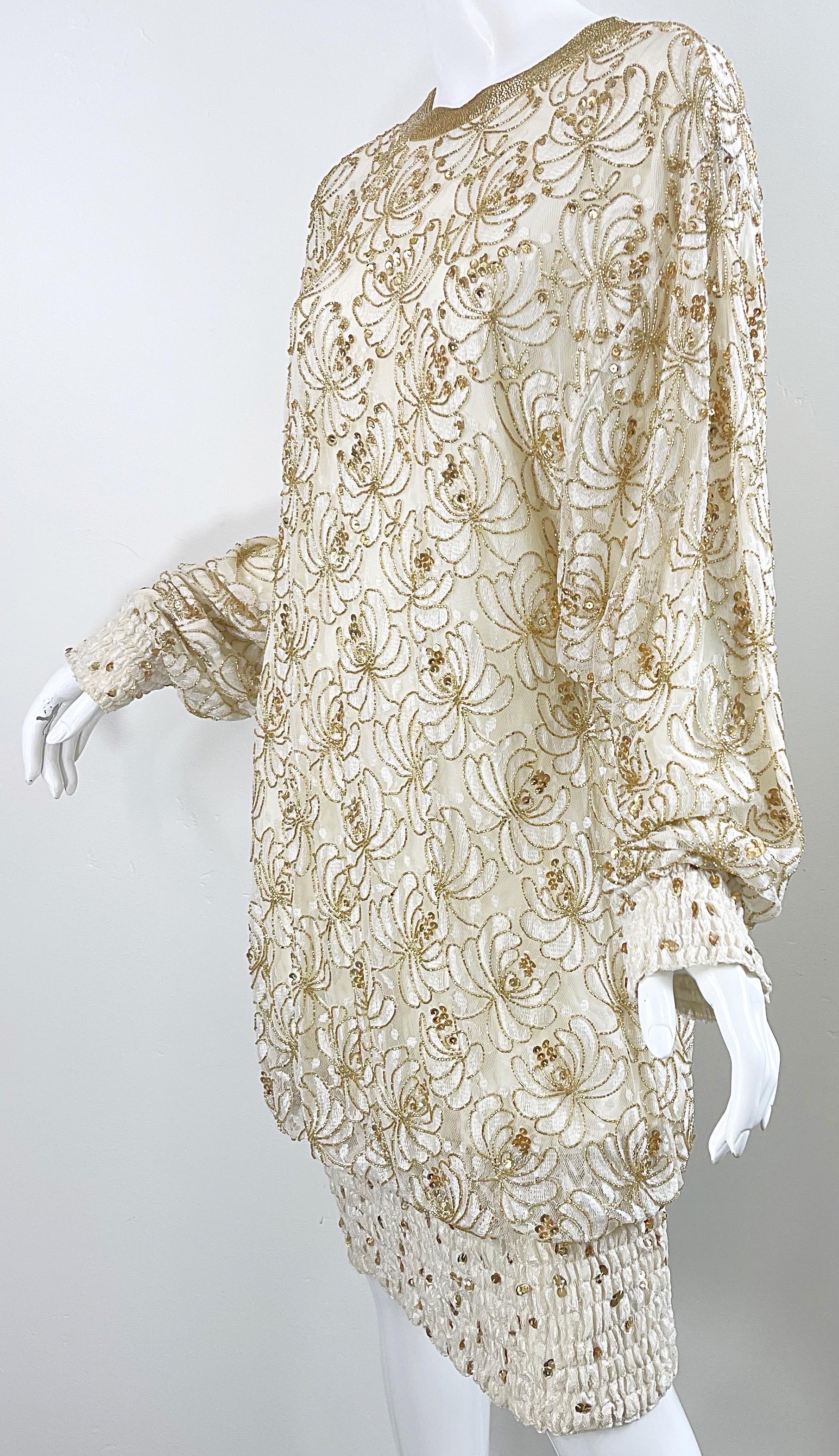 Lillie Rubin 1980s Ivory Off White + Gold Lace Sequin Beaded Vintage 80s Dress For Sale 9