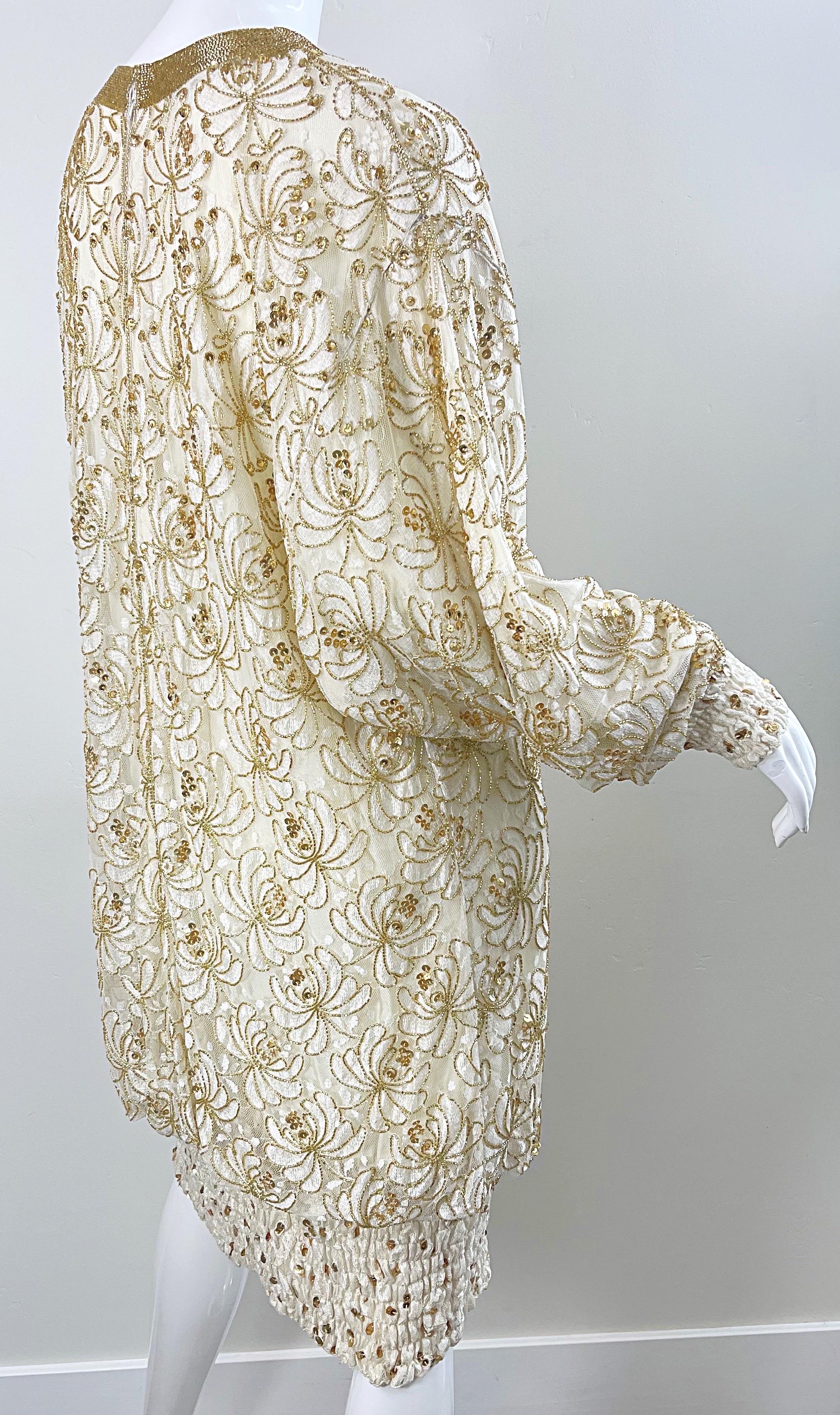 Lillie Rubin 1980s Ivory Off White + Gold Lace Sequin Beaded Vintage 80s Dress For Sale 11