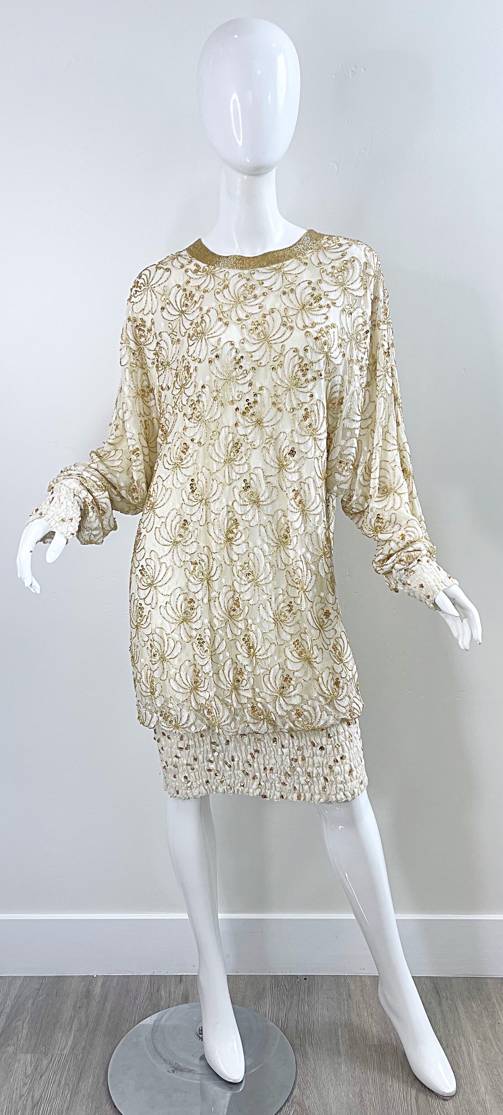 Lillie Rubin 1980s Ivory Off White + Gold Lace Sequin Beaded Vintage 80s Dress For Sale 12