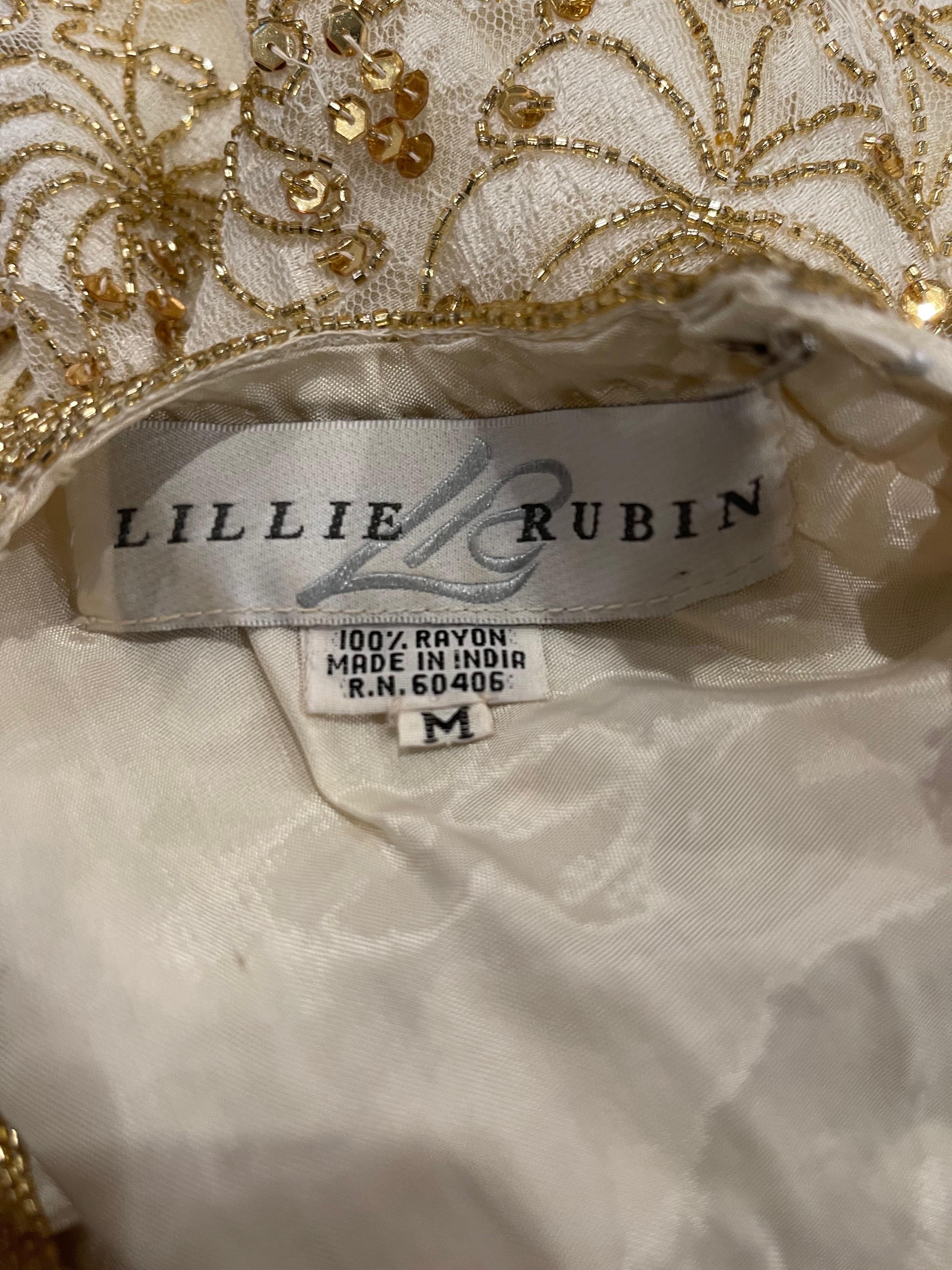 Lillie Rubin 1980s Ivory Off White + Gold Lace Sequin Beaded Vintage 80s Dress In Excellent Condition For Sale In San Diego, CA